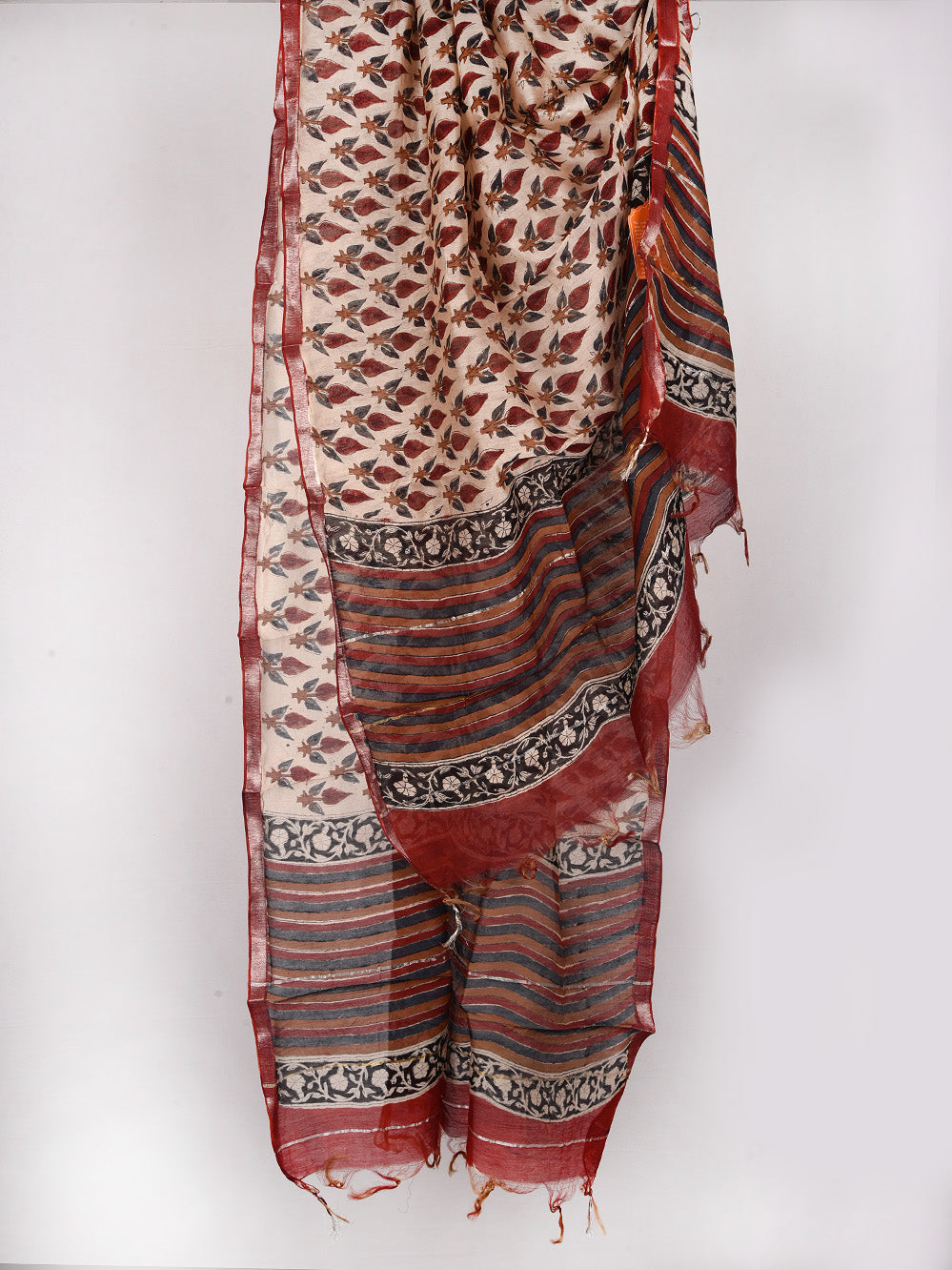 Bagru Multicolor Booti Hand Printed Silk Cotton Chanderi Dupatta