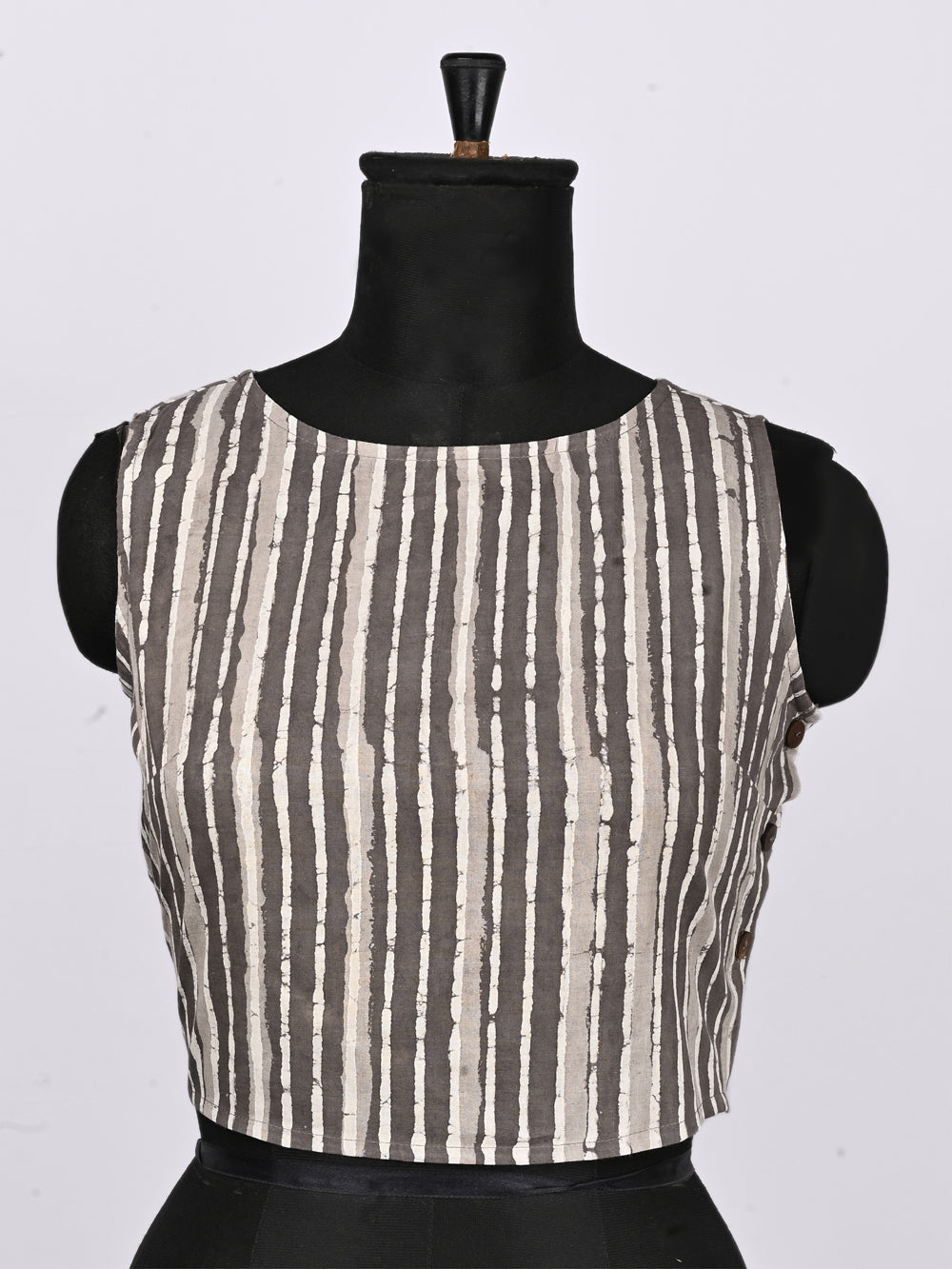 Daboo Grey Silli Stripes Sleeveless Hand Block Printed Cotton Blouse