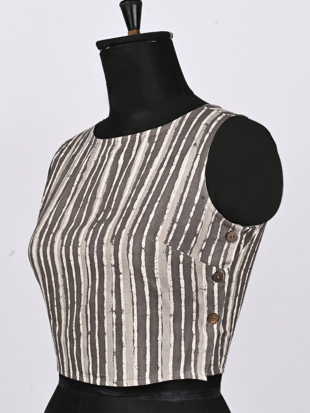 Daboo Grey Silli Stripes Sleeveless Hand Block Printed Cotton Blouse