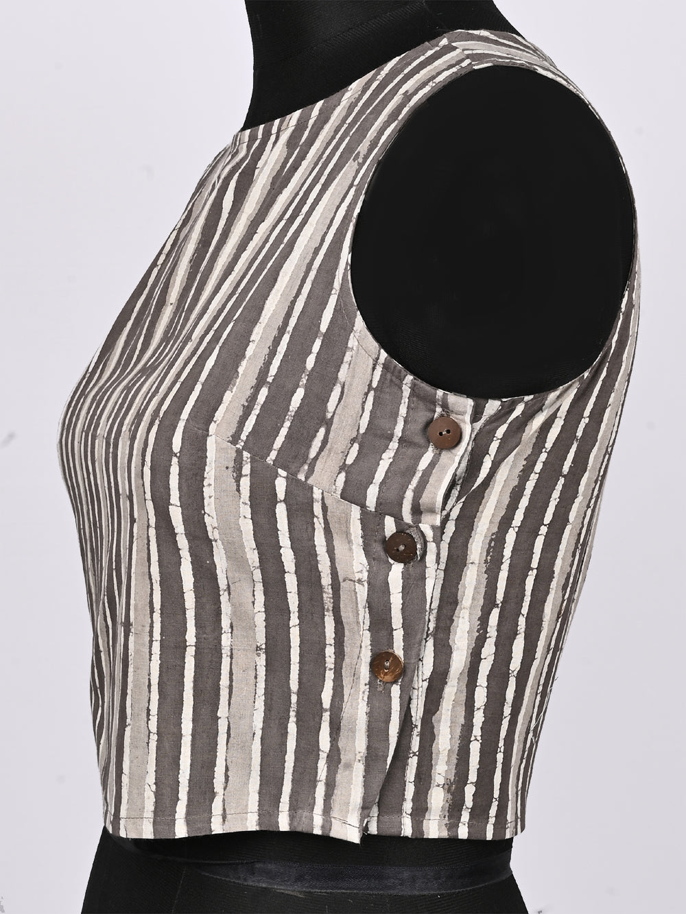 Daboo Grey Silli Stripes Sleeveless Hand Block Printed Cotton Blouse