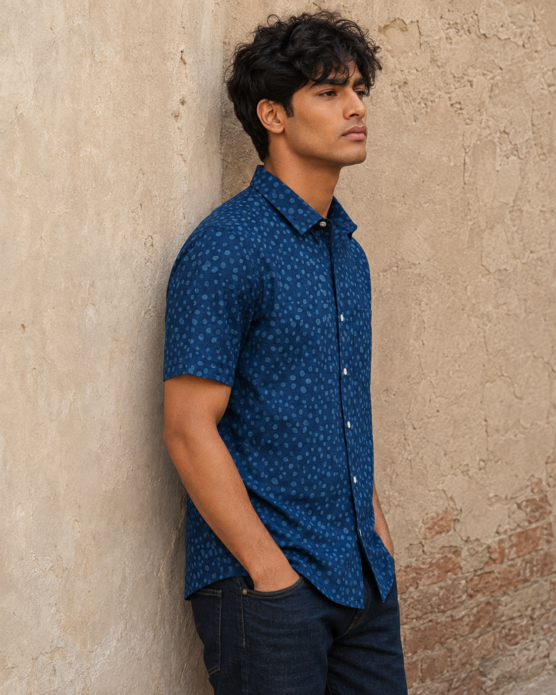 Indigo Dots Cotton Mens Half Sleeve Shirts