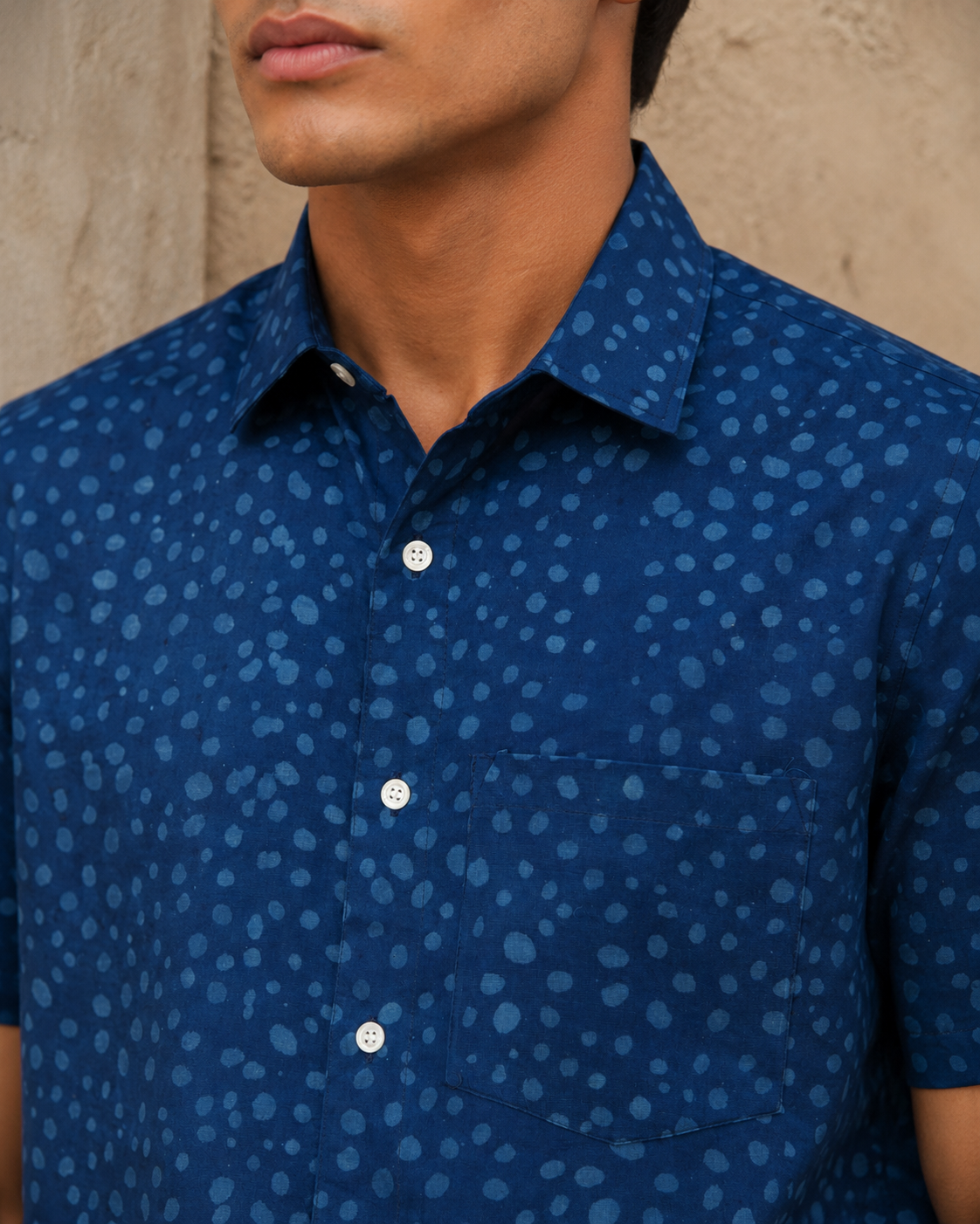 Indigo Dots Cotton Mens Half Sleeve Shirts