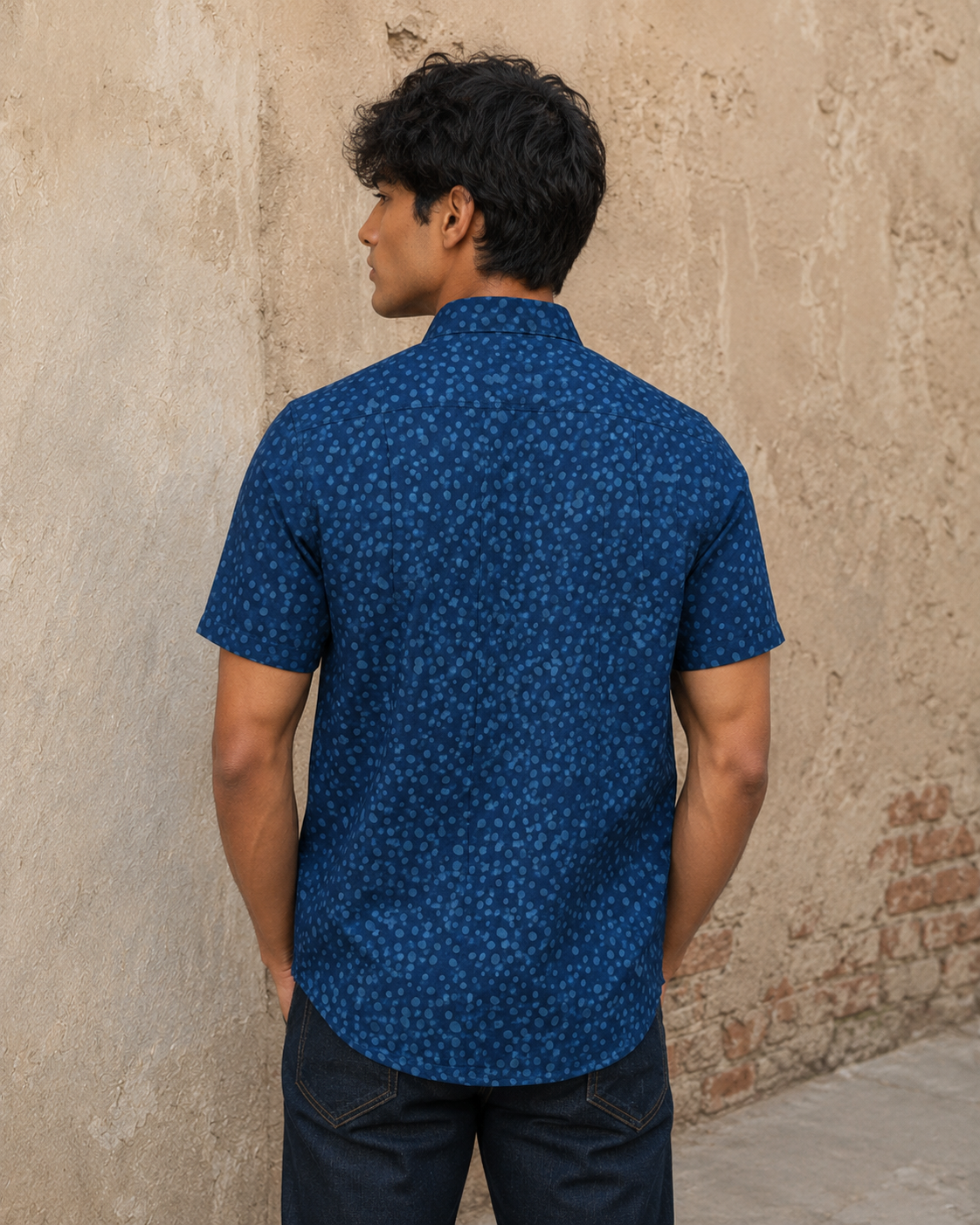 Indigo Dots Cotton Mens Half Sleeve Shirts