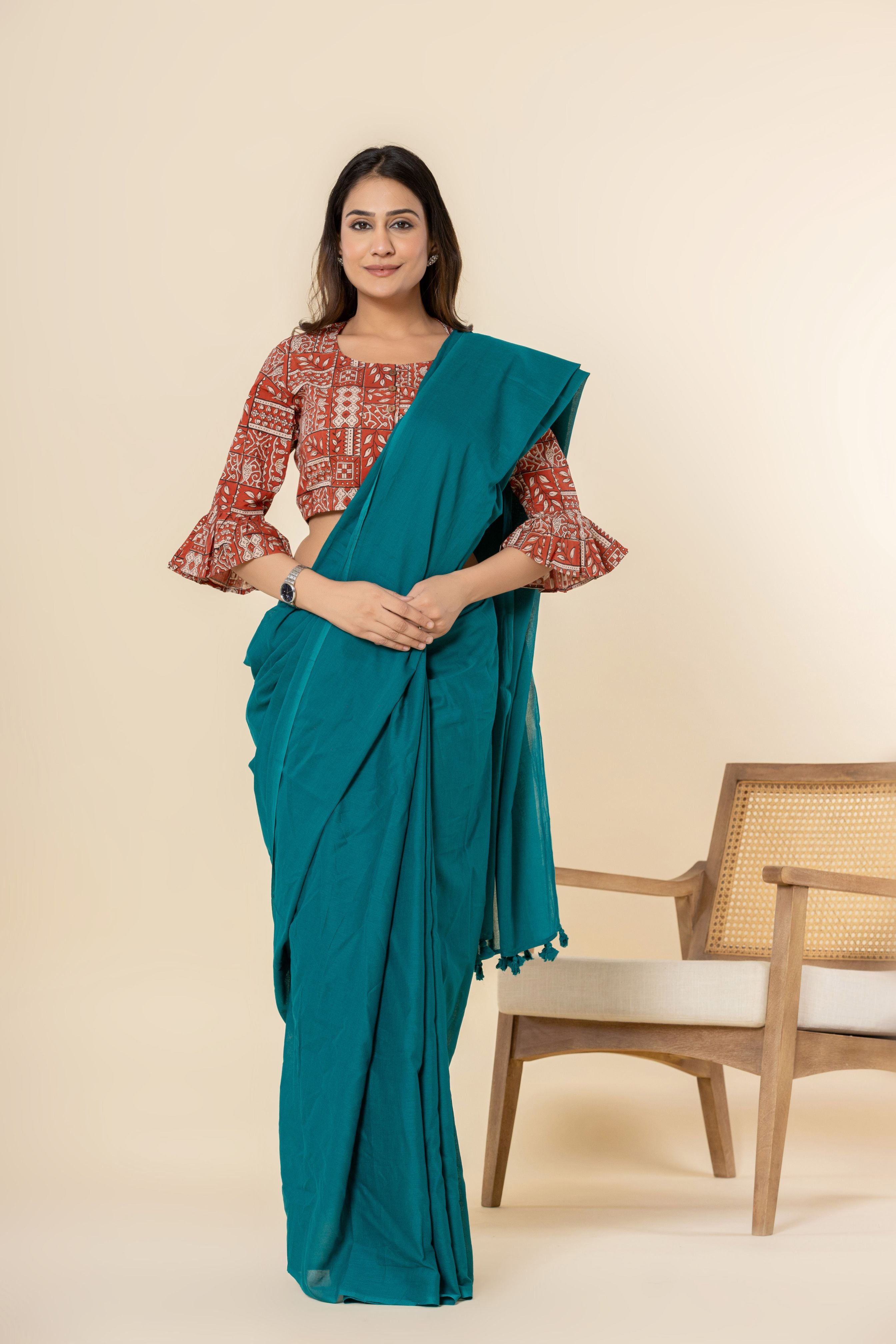 Dark Aqua Dyed Mul Mul Cotton Saree with Tassels (without Blouse)