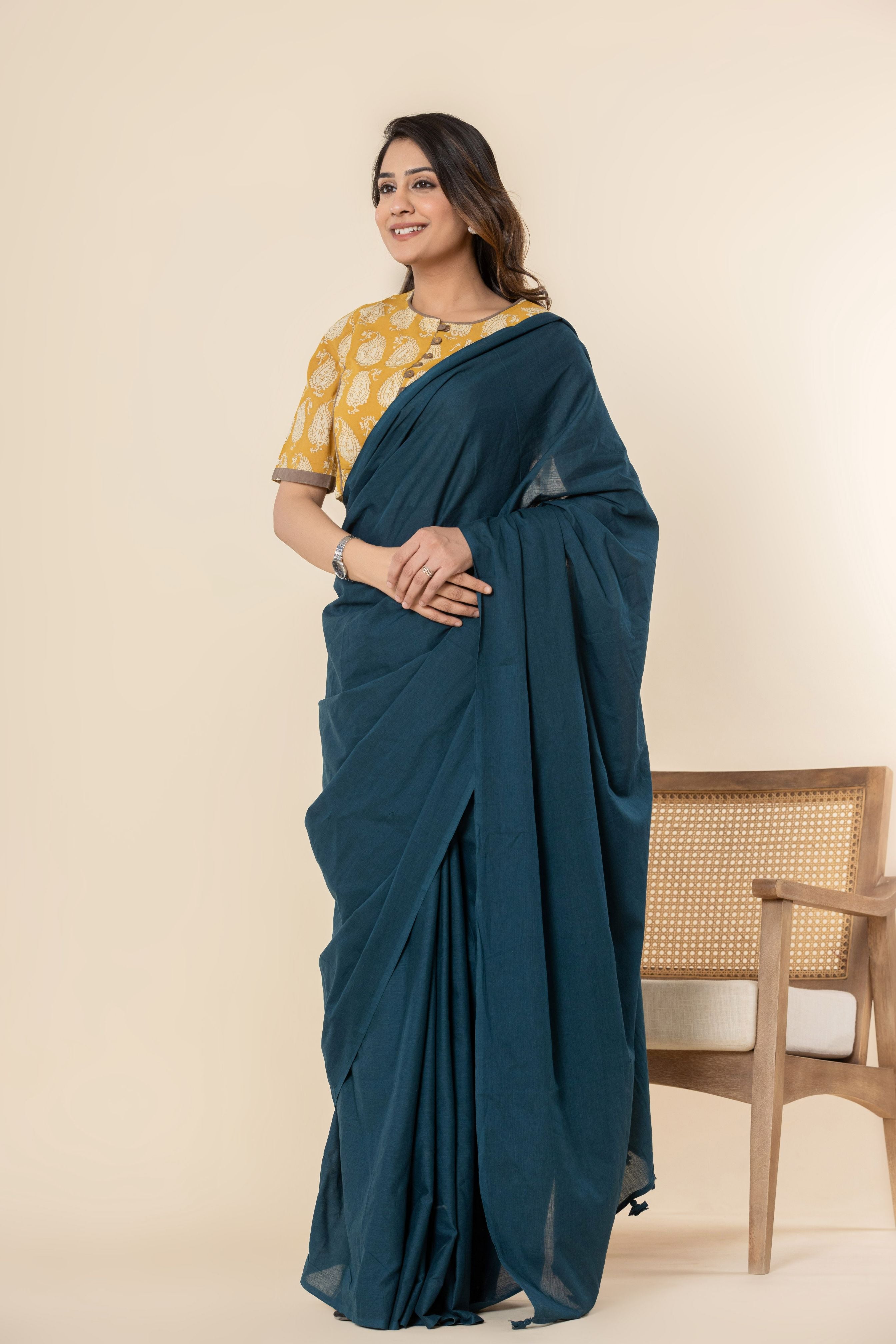 Night-time Blue Plain Dyed Mul Mul Cotton Saree with Tassels (without Blouse)