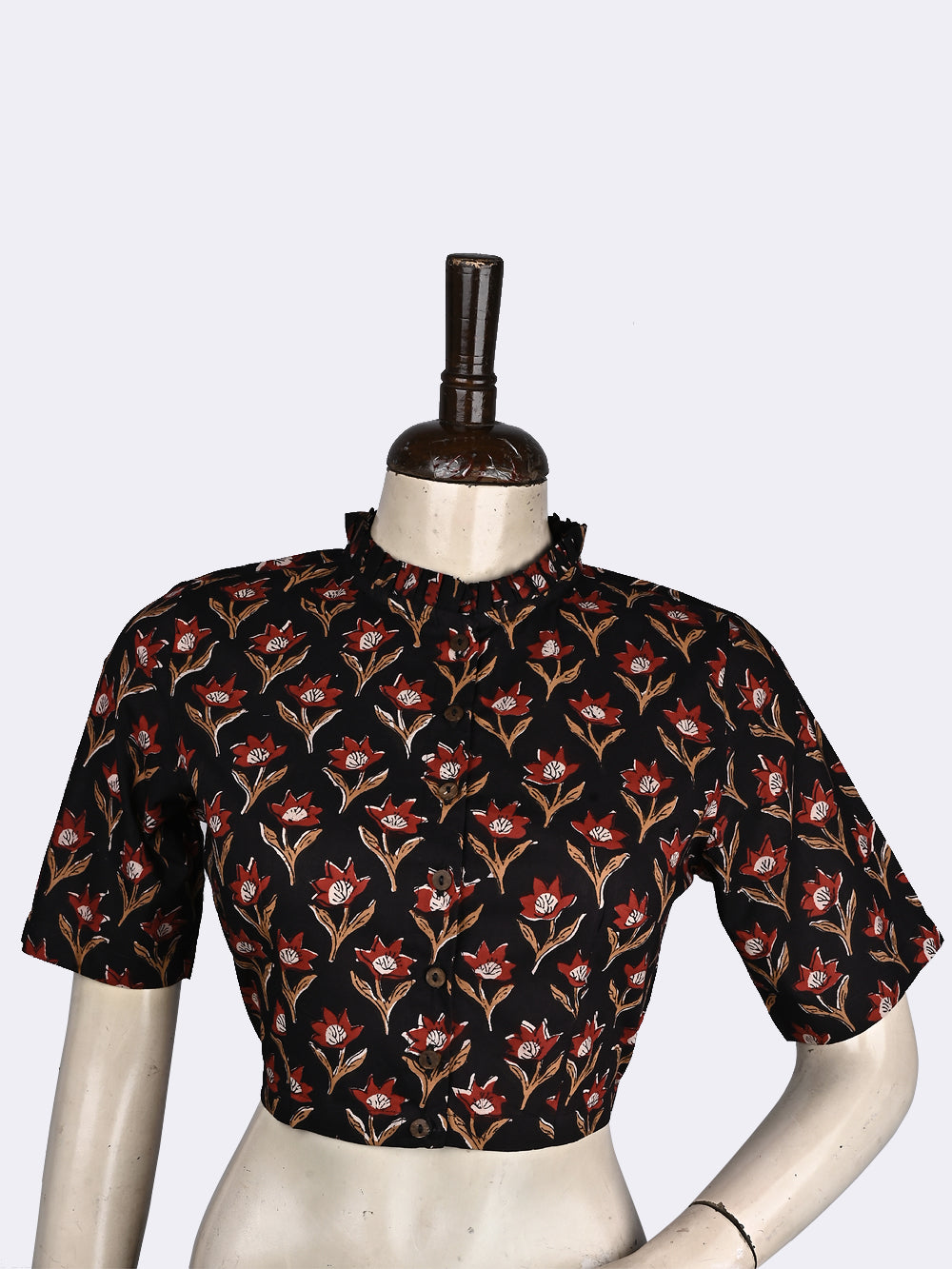 Bagru Black Mughal Flower Frill Collar Hand Block Printed Cotton Blouse