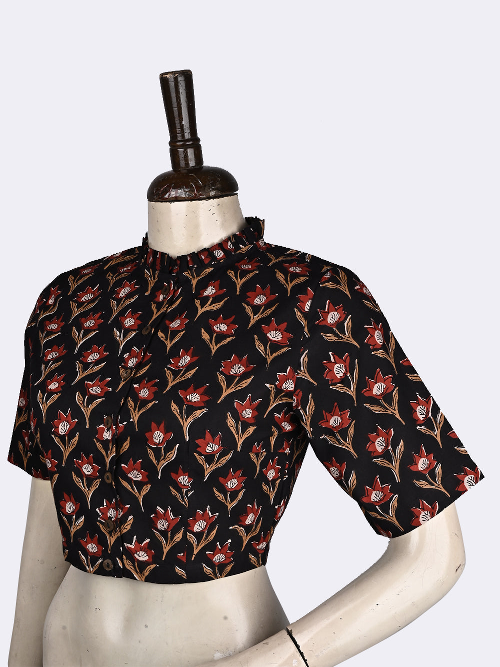 Bagru Black Mughal Flower Frill Collar Hand Block Printed Cotton Blouse