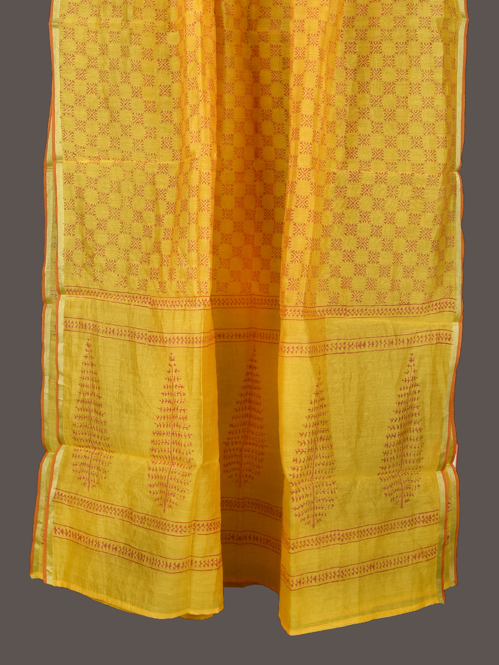 Yellow Checkers Hand Block Printed Mono Chanderi Dupatta