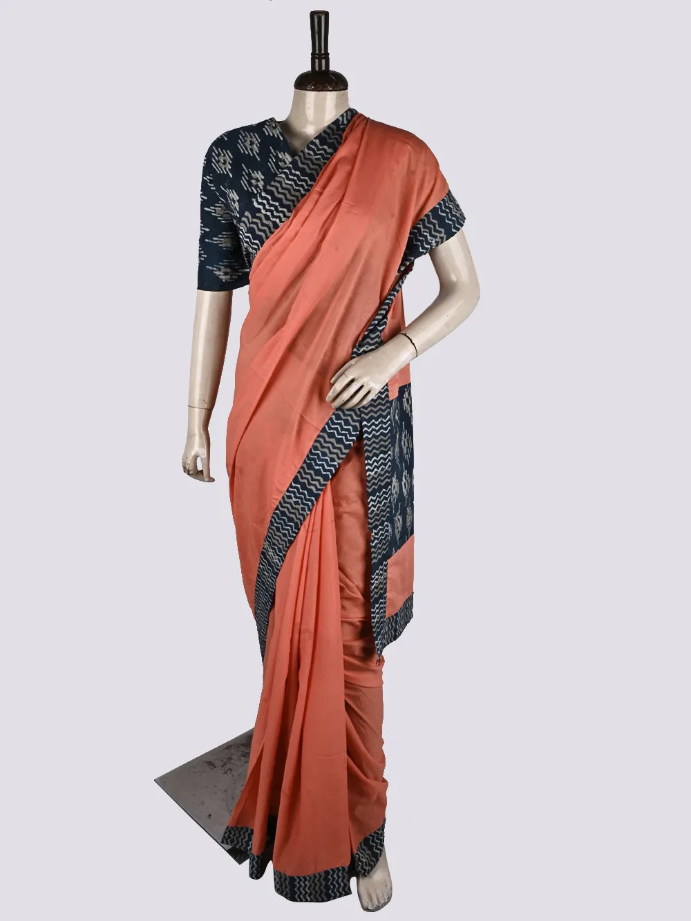Plain Coral with Indigo Patch Mul Mul Cotton Saree with Printed Blouse Piece