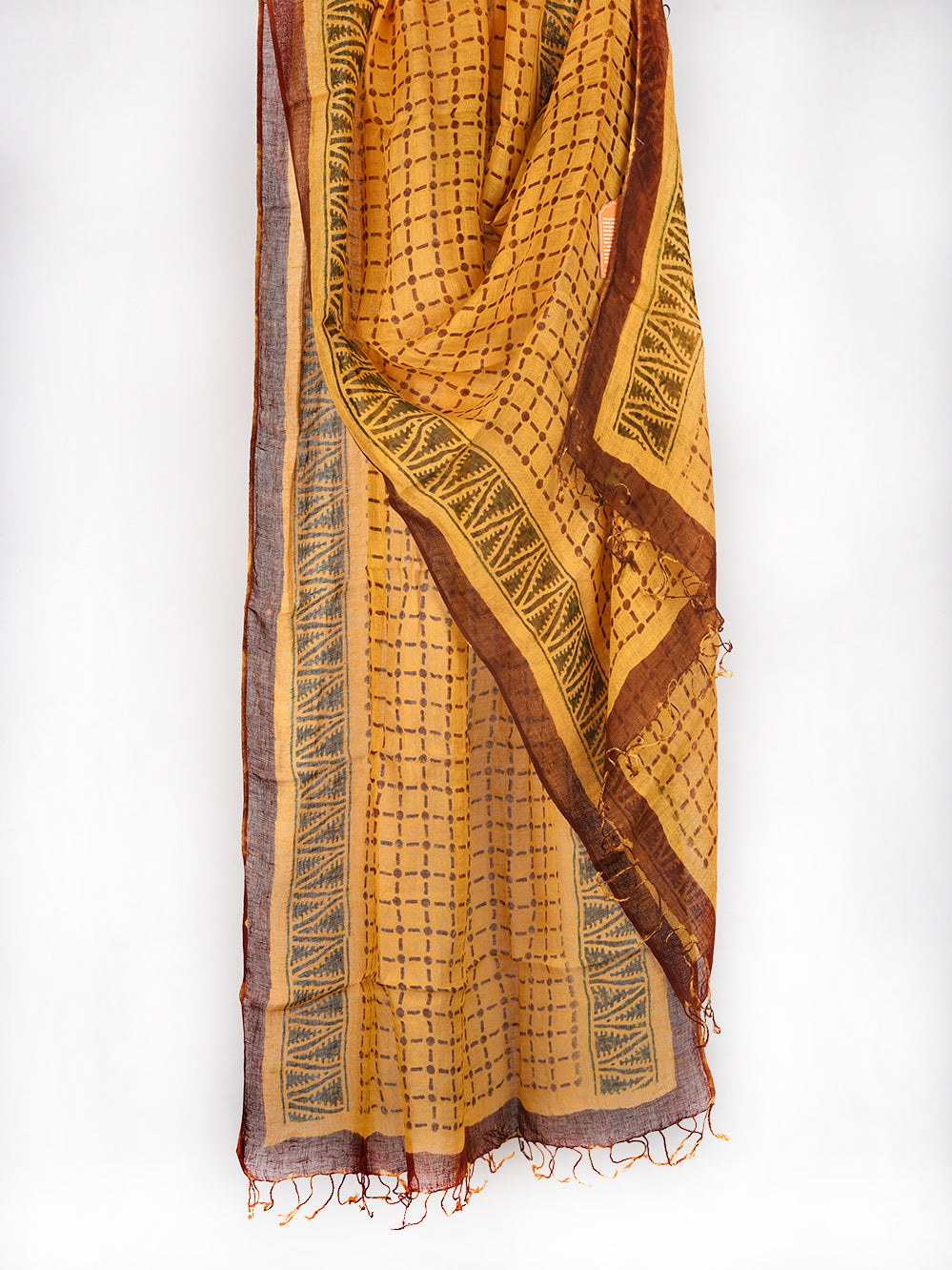 Yellow Checks Hand Printed Pure Linen Dupatta