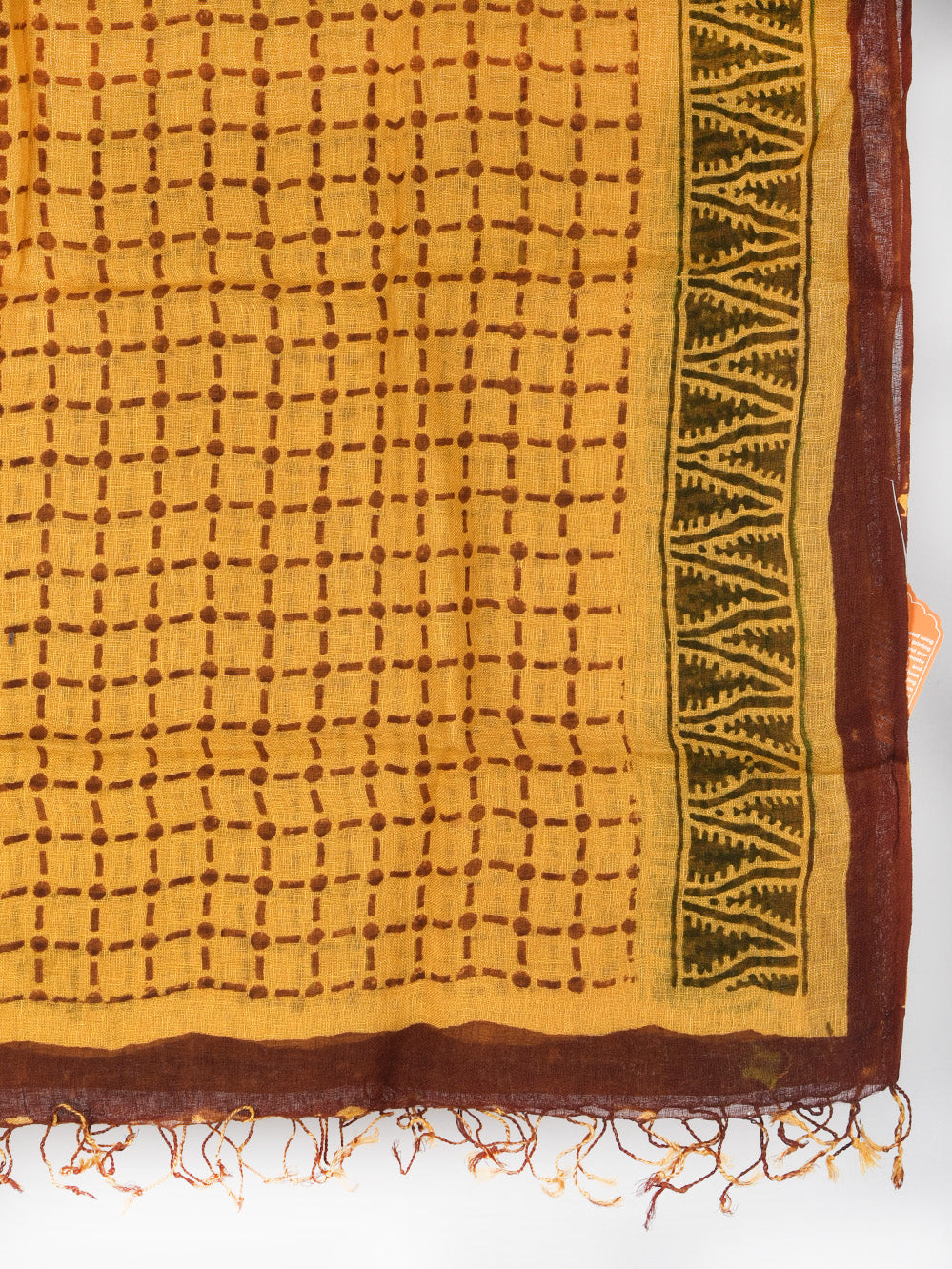 Yellow Checks Hand Printed Pure Linen Dupatta