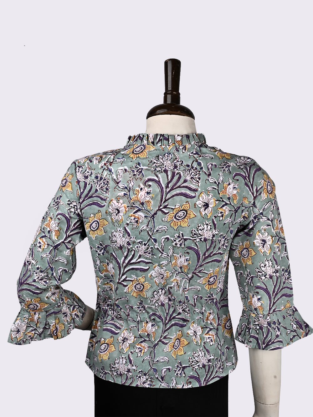 English Grey Chintz Hand Block Printed Cotton Long Blouse