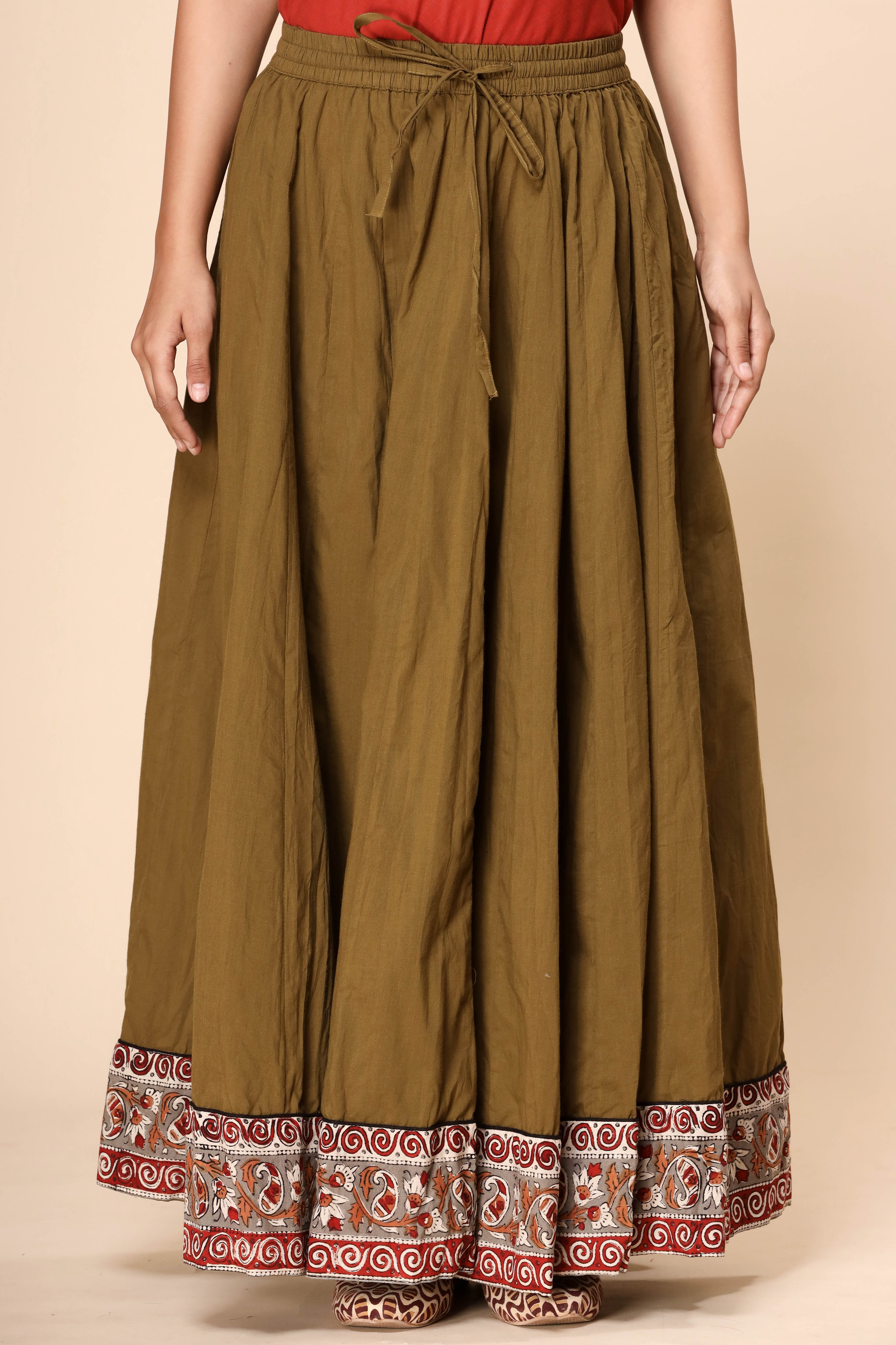 Plain Dyed Mehendi Green with Kalamkari Border Crinkled Cotton 28 Kali Kalidaar Skirt