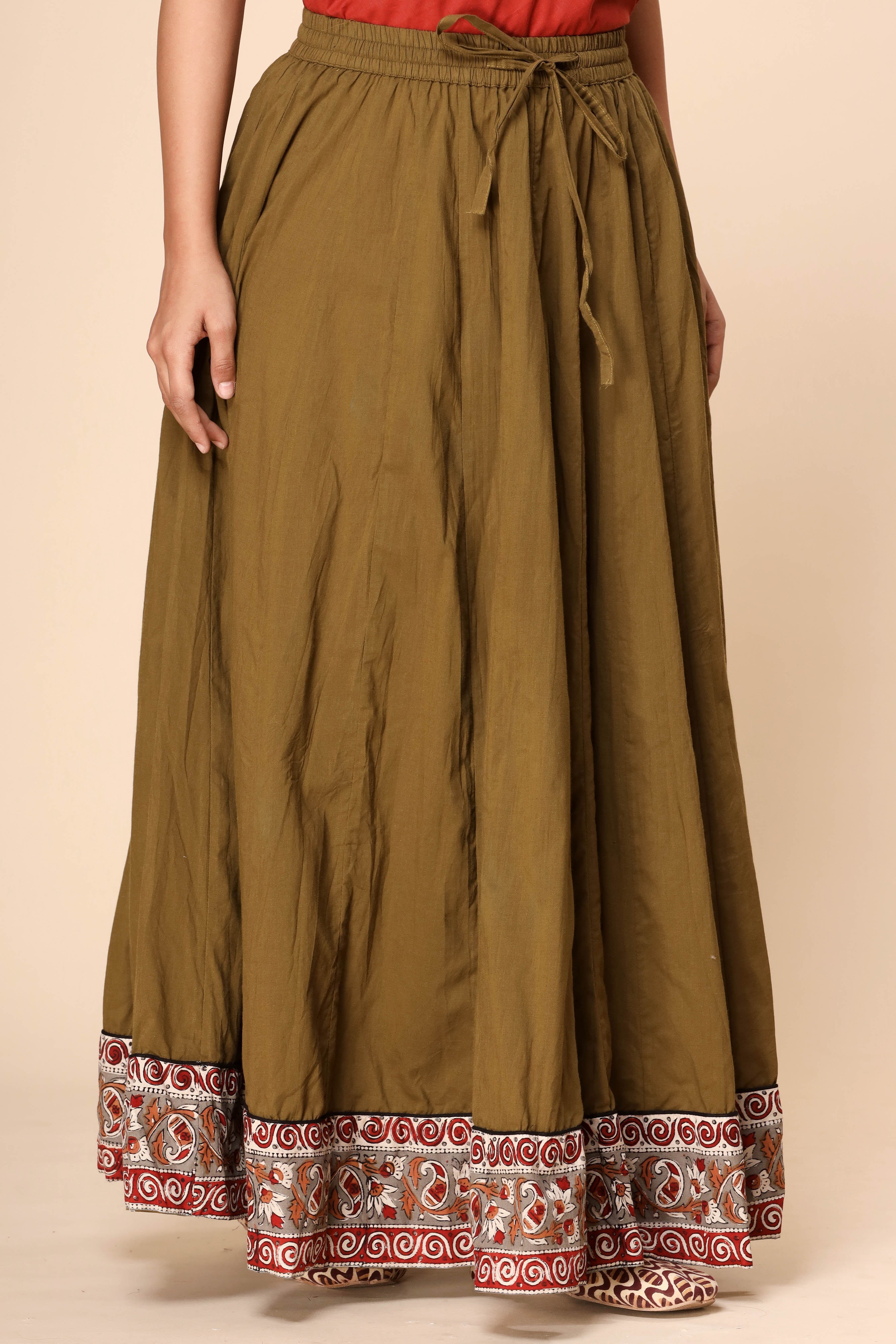 Plain Dyed Mehendi Green with Kalamkari Border Crinkled Cotton 28 Kali Kalidaar Skirt