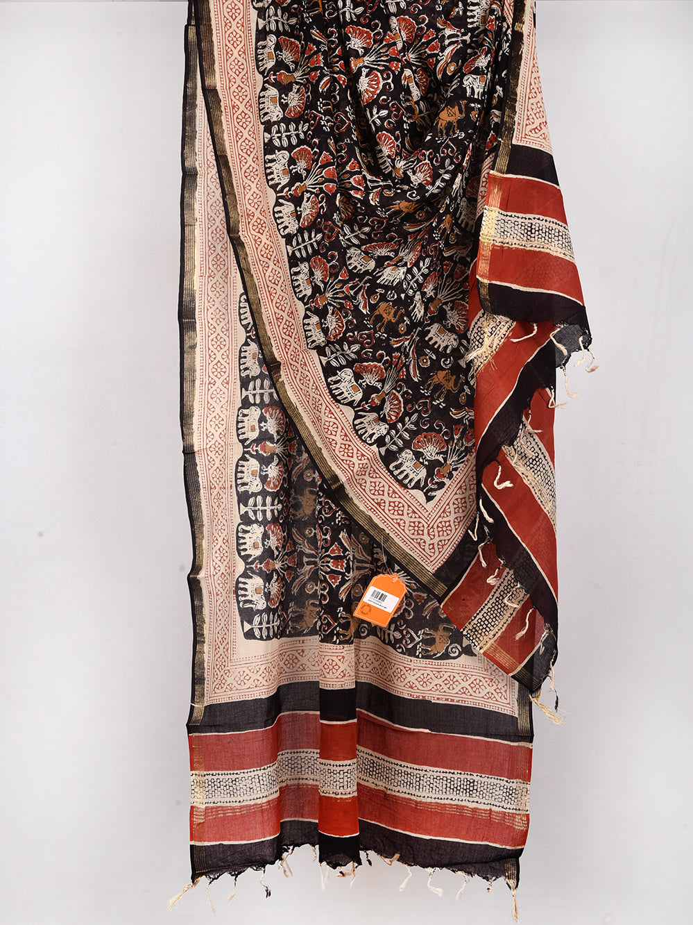 Bagru Black Jaipuri Janavar Hand Printed Silk Cotton Chanderi Dupatta