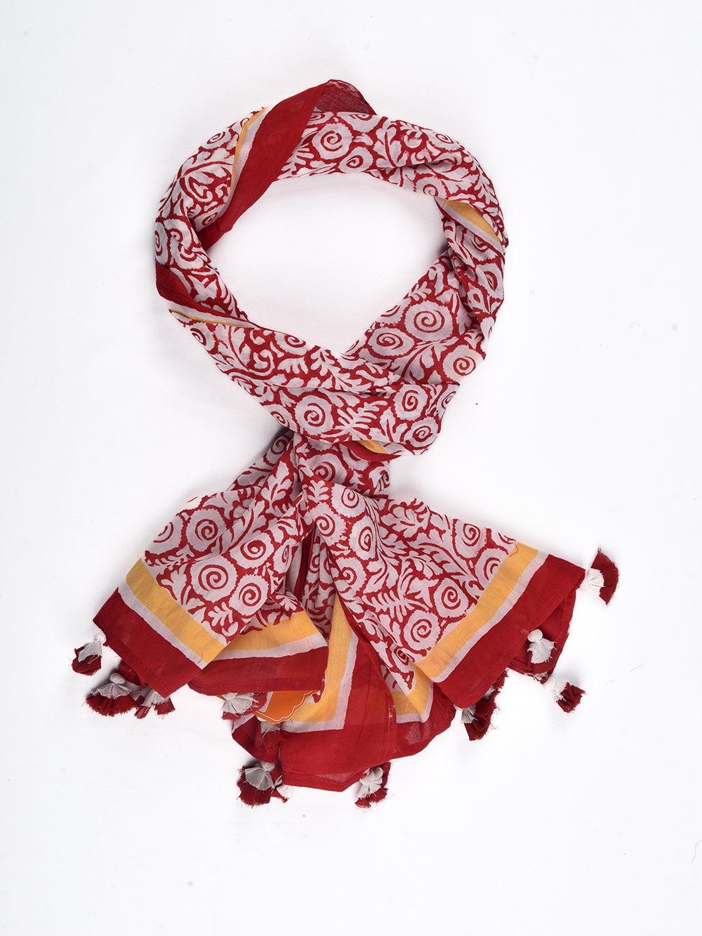 Red Sanganeri Roses Cotton Voile Block Printed Stole