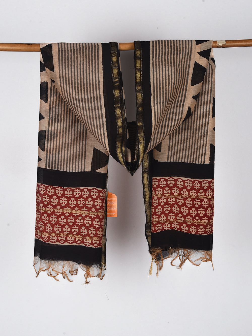 Trikon Hand Block Printed Silk Cotton Chanderi Dupatta