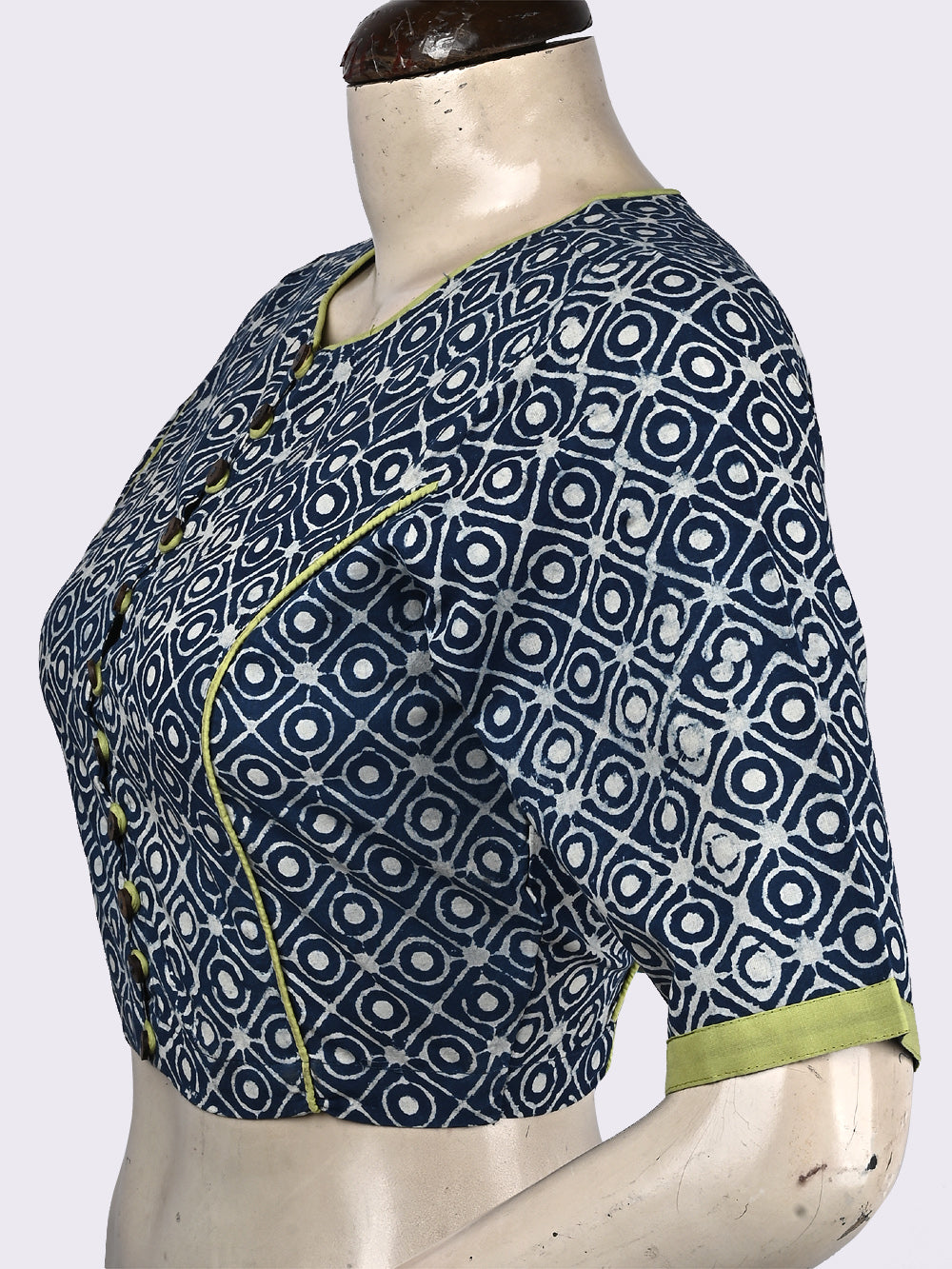 Indigo Geometric Chowk Bindu Princess line Hand Block Printed Cotton Blouse