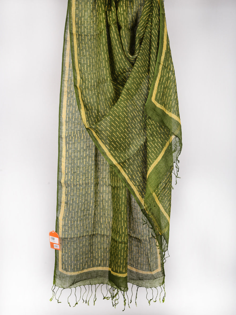 Green Dashes Hand Printed Pure Linen Dupatta