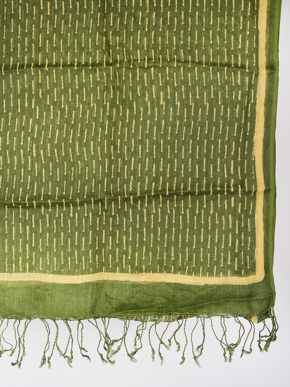 Green Dashes Hand Printed Pure Linen Dupatta