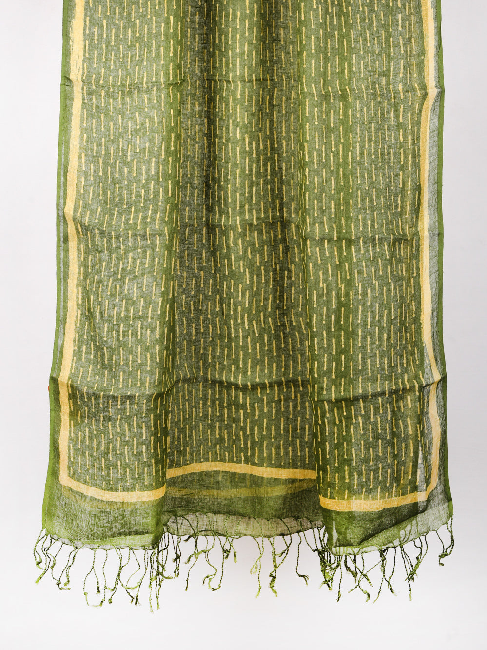 Green Dashes Hand Printed Pure Linen Dupatta