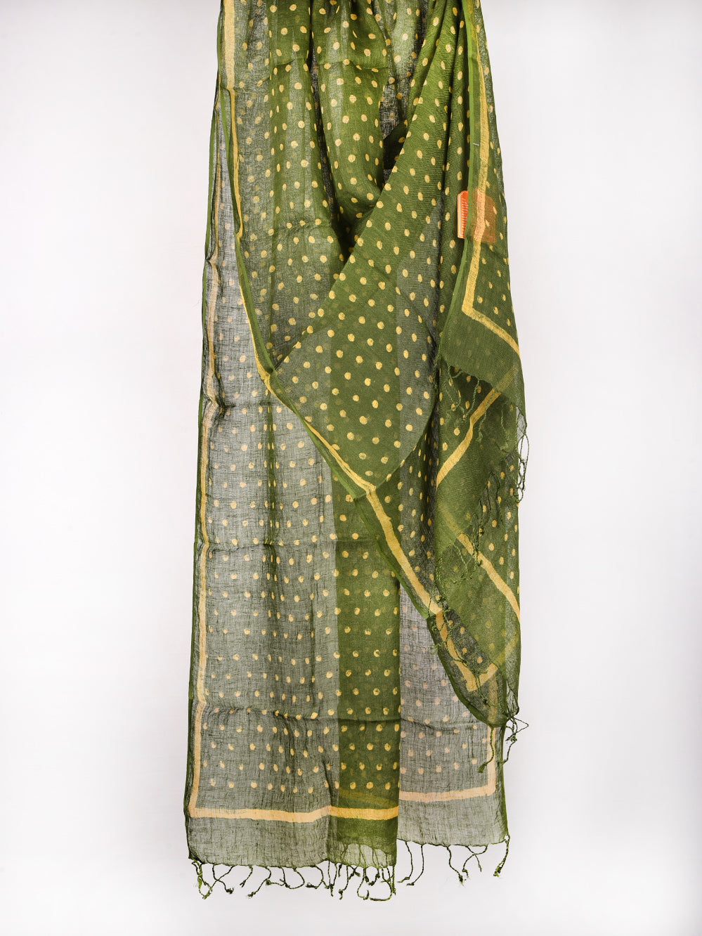 Green Polka Dots Hand Printed Pure Linen Dupatta