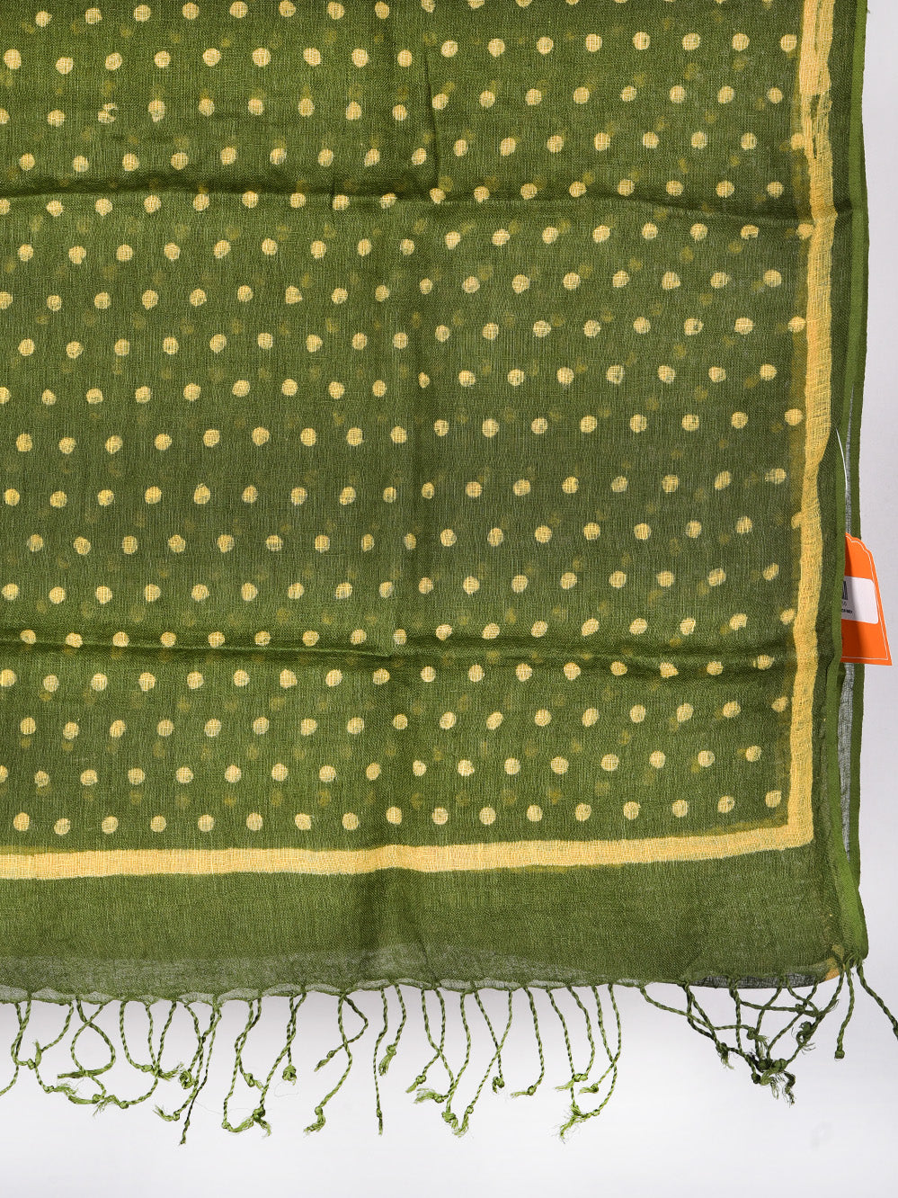 Green Polka Dots Hand Printed Pure Linen Dupatta