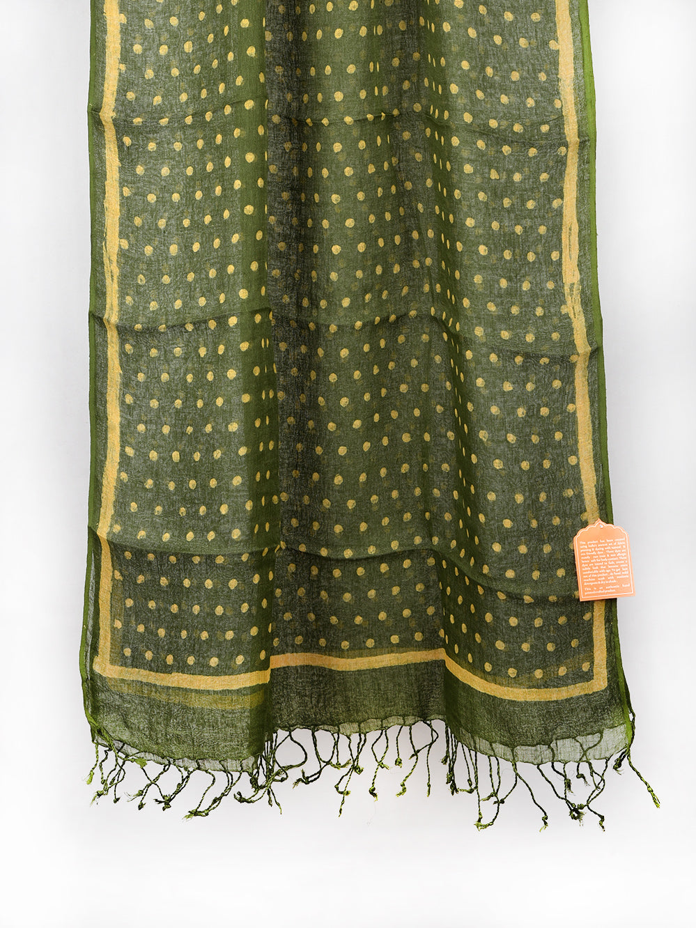 Green Polka Dots Hand Printed Pure Linen Dupatta