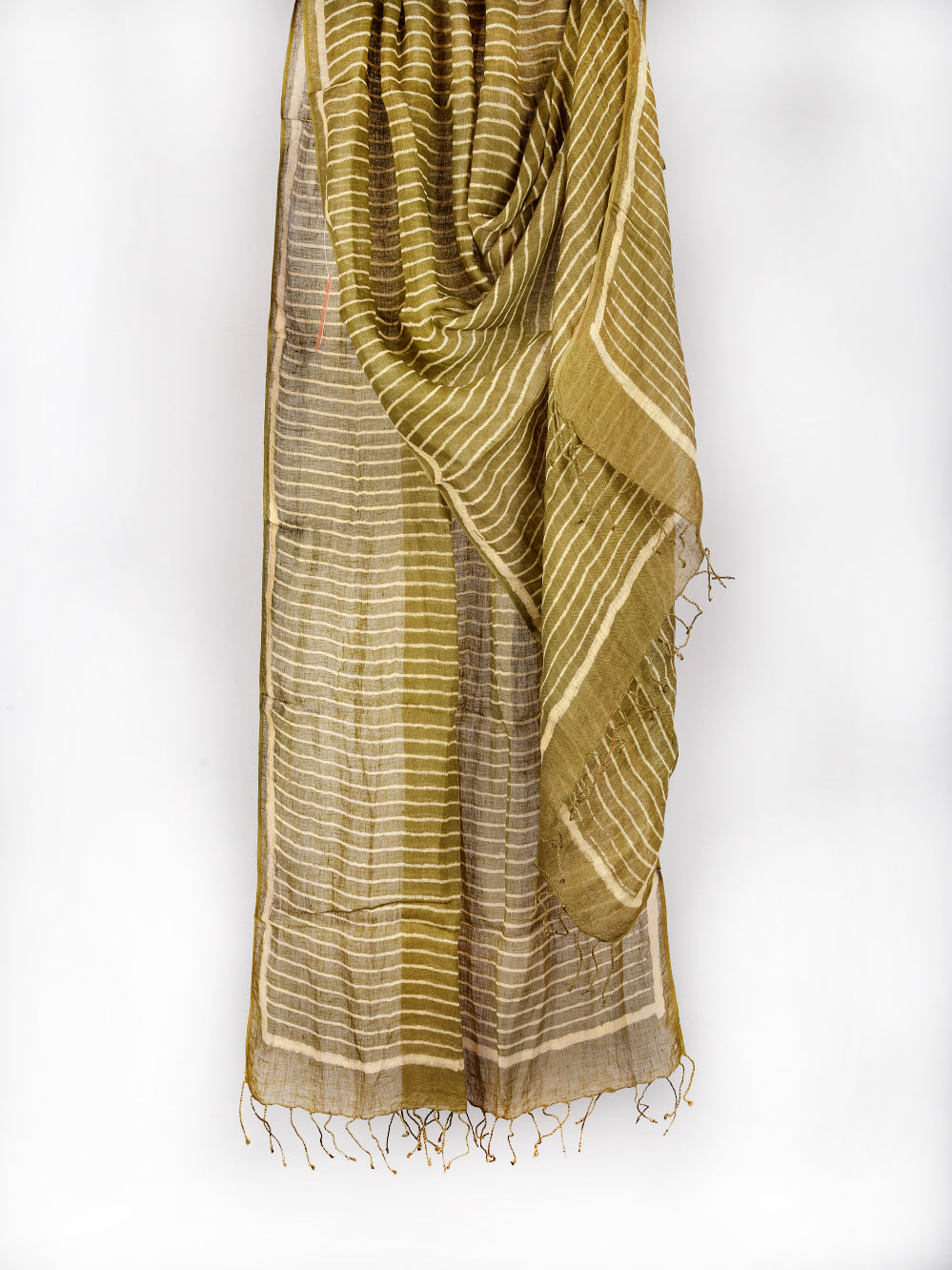 Olive Green Stripes Hand Printed Pure Linen Dupatta