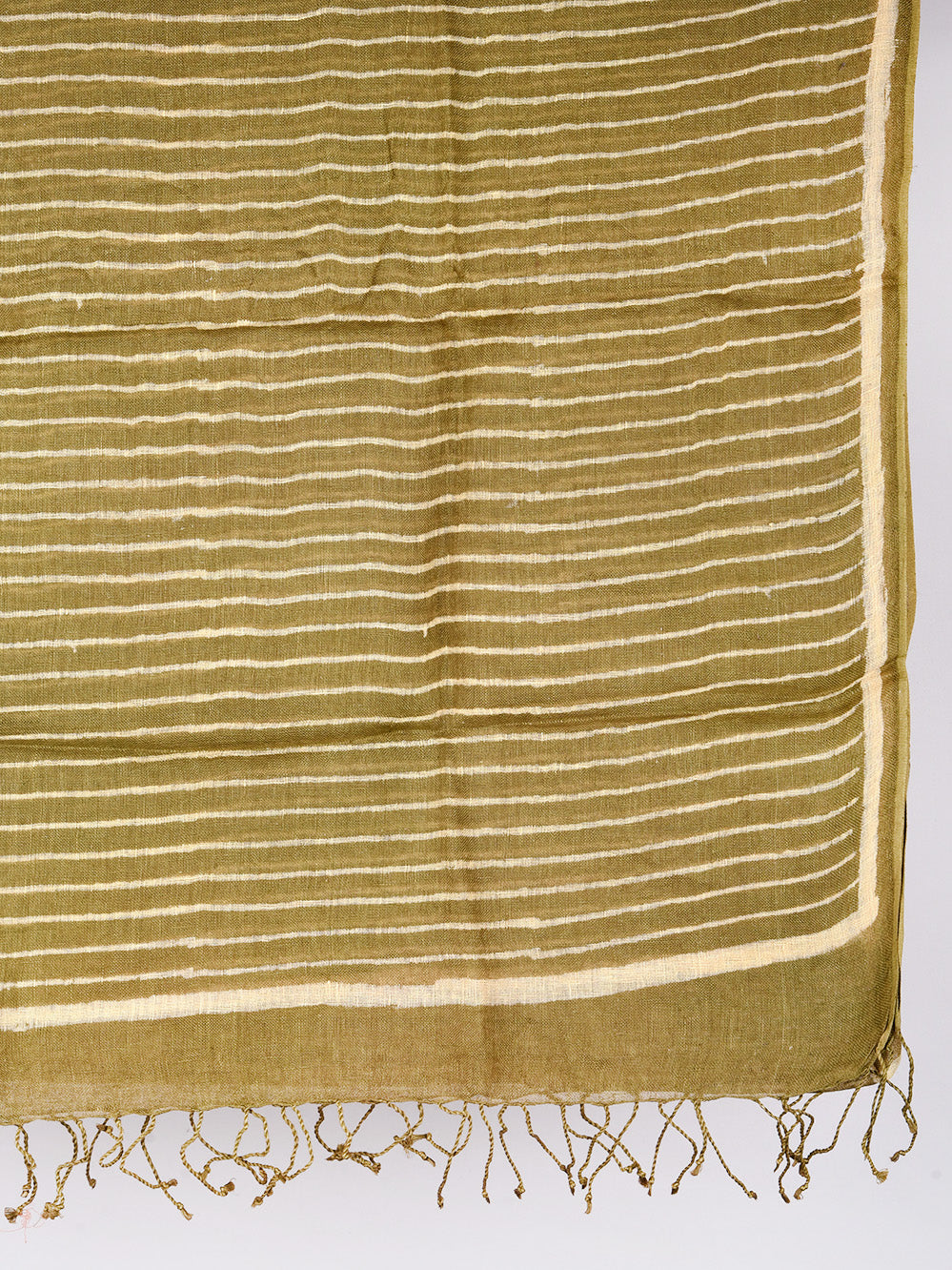 Olive Green Stripes Hand Printed Pure Linen Dupatta