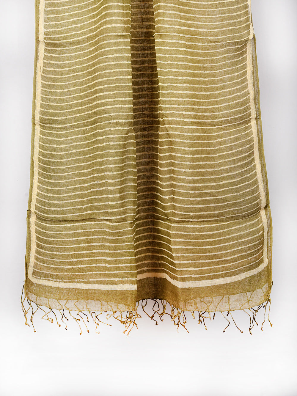 Olive Green Stripes Hand Printed Pure Linen Dupatta