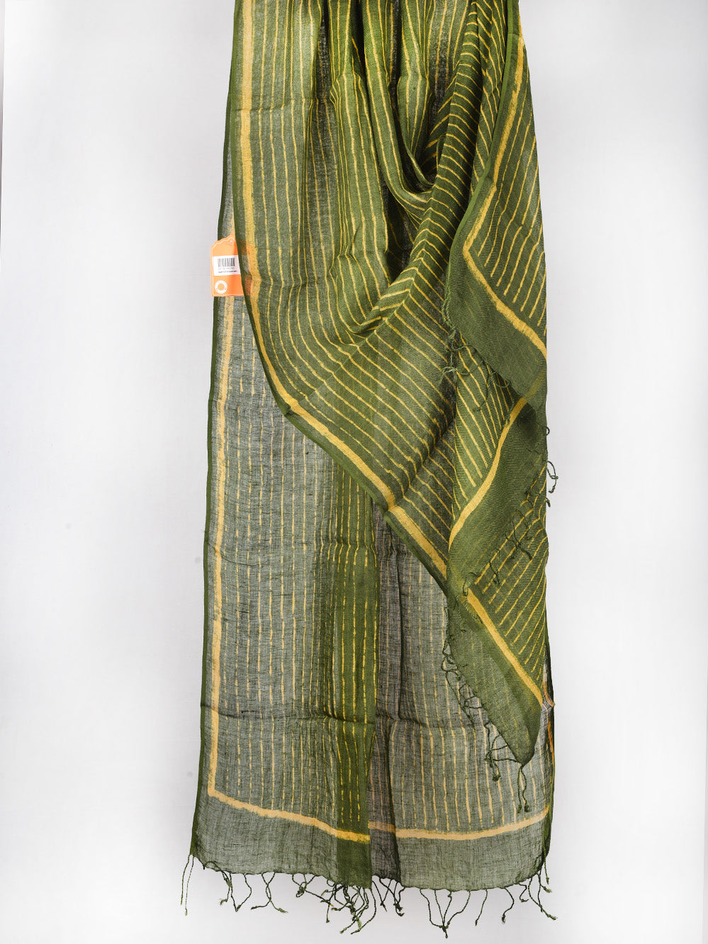 Green Stripes Hand Printed Pure Linen Dupatta