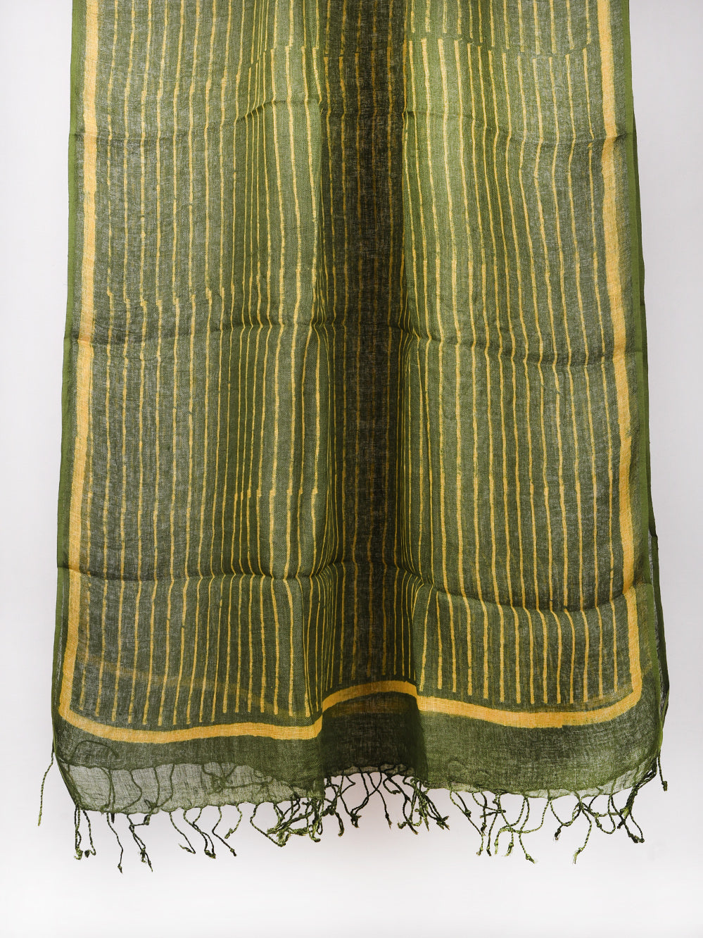 Green Stripes Hand Printed Pure Linen Dupatta