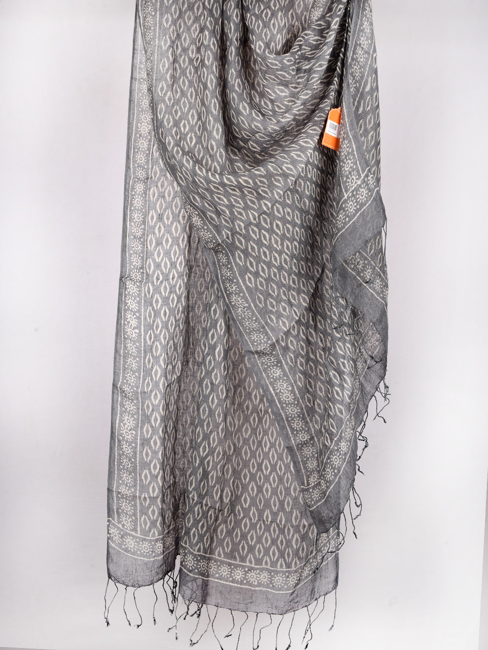 Grey Brackets Hand Printed Pure Linen Dupatta