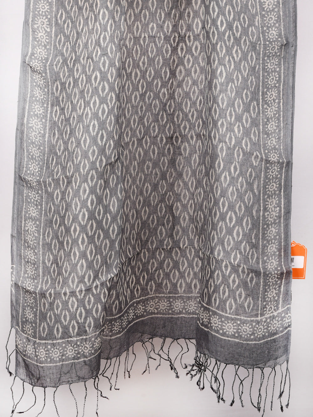 Grey Brackets Hand Printed Pure Linen Dupatta