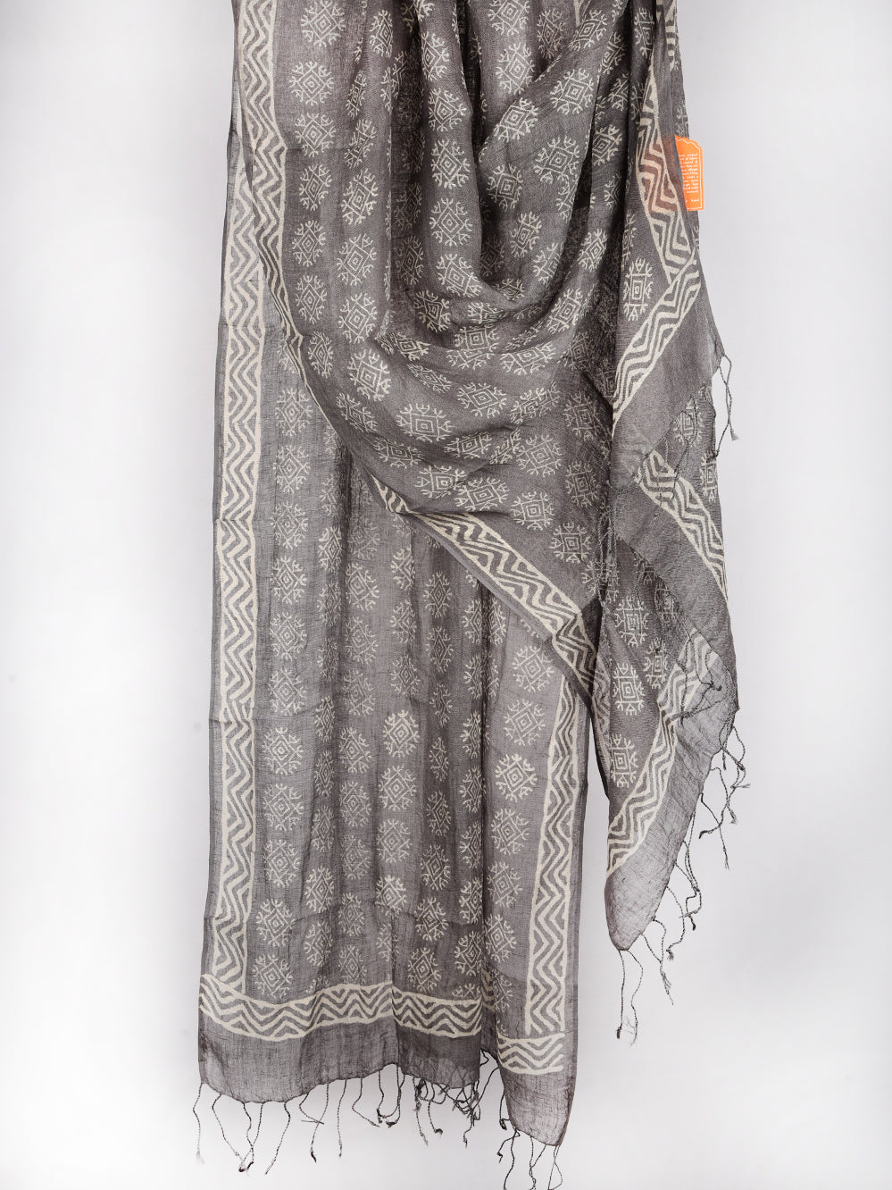 Grey Abstract Flower Hand Printed Pure Linen Dupatta