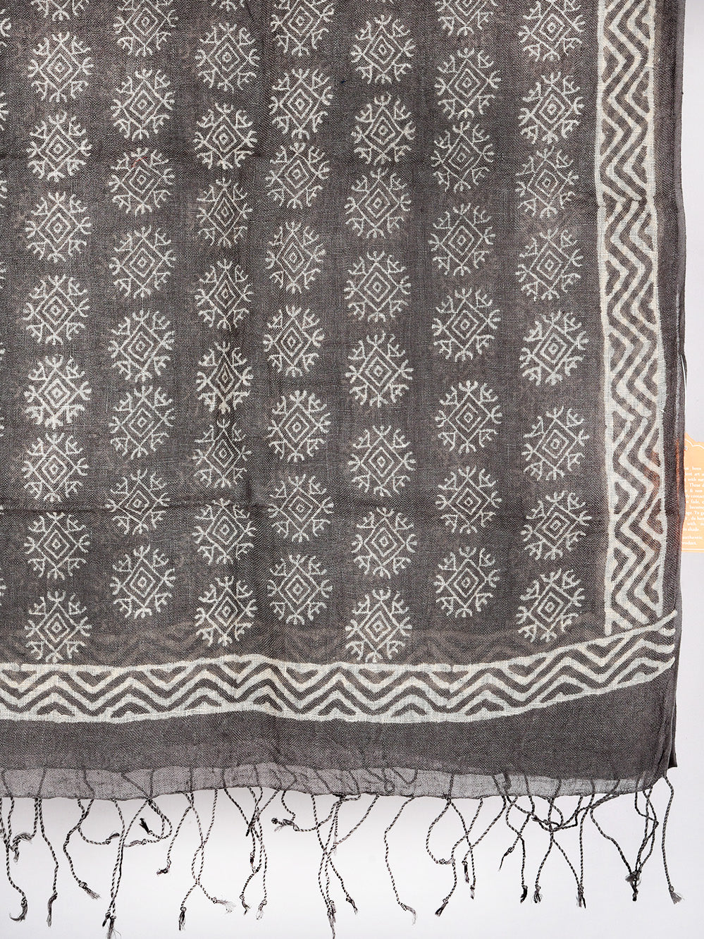 Grey Abstract Flower Hand Printed Pure Linen Dupatta