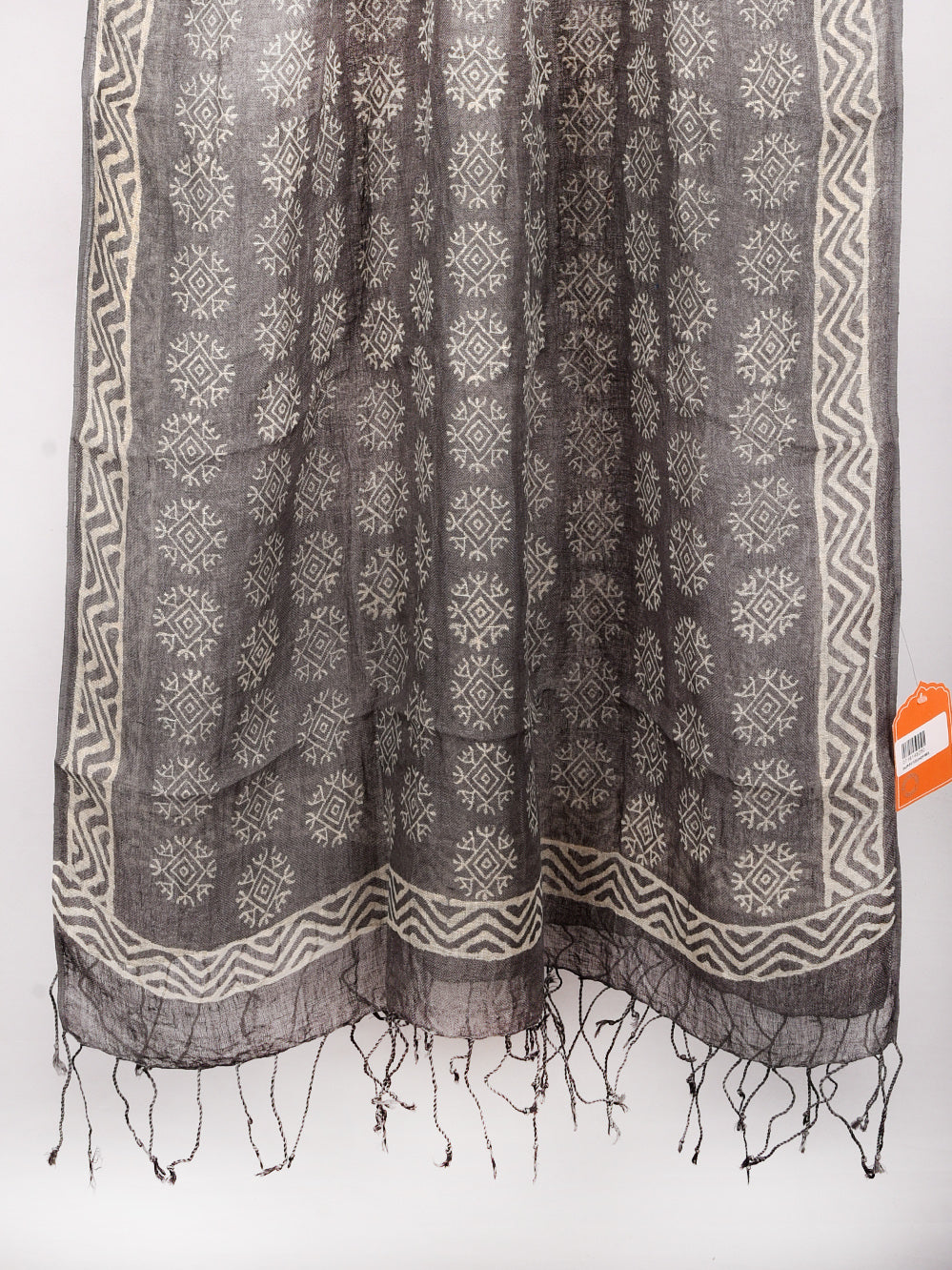 Grey Abstract Flower Hand Printed Pure Linen Dupatta