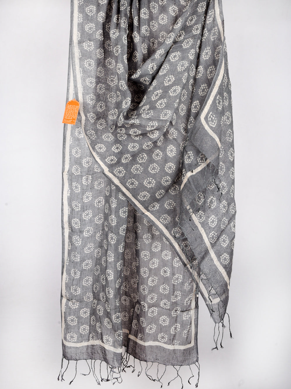 Grey Abstract Flower Hand Printed Pure Linen Dupatta