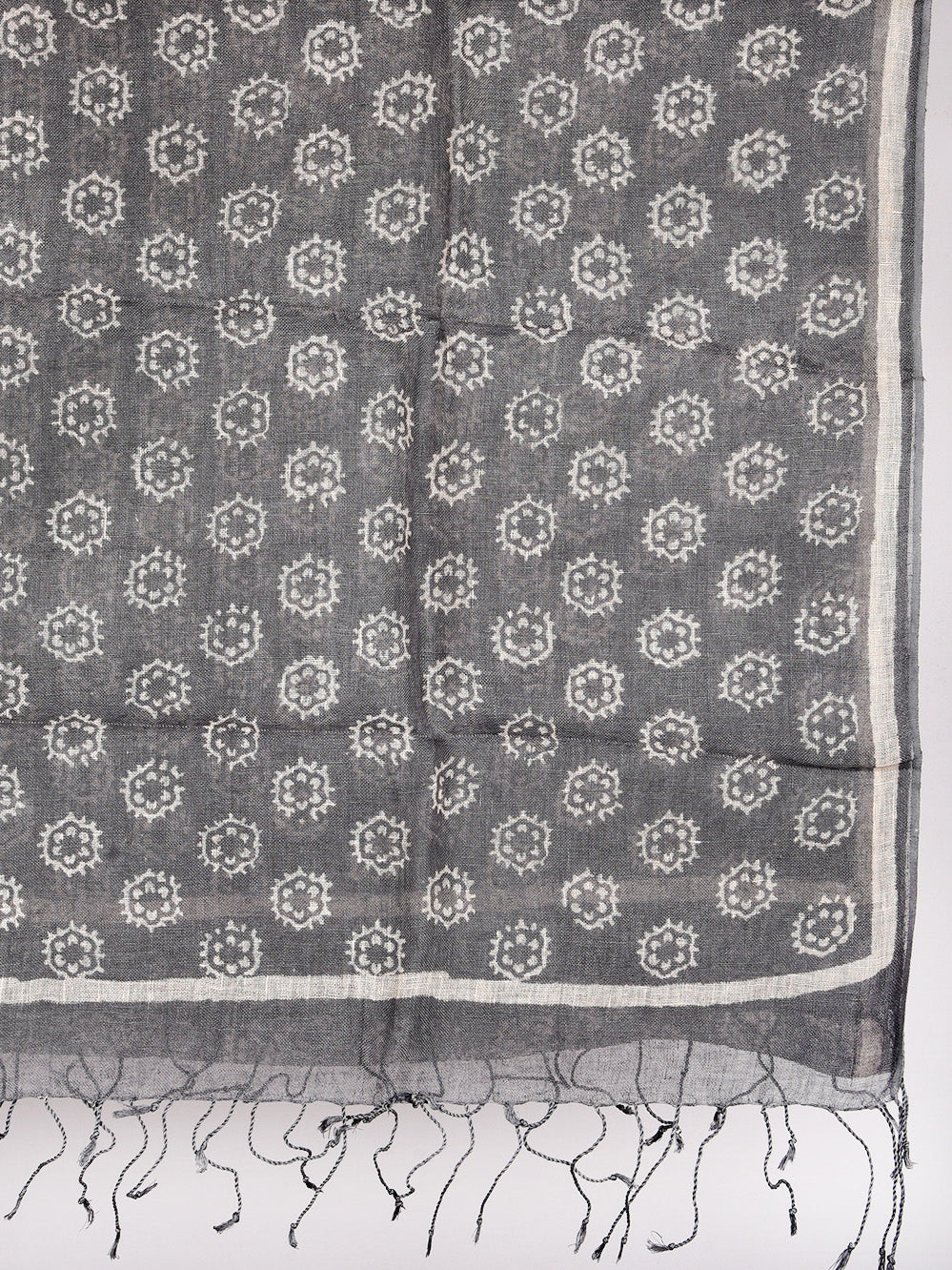 Grey Abstract Flower Hand Printed Pure Linen Dupatta