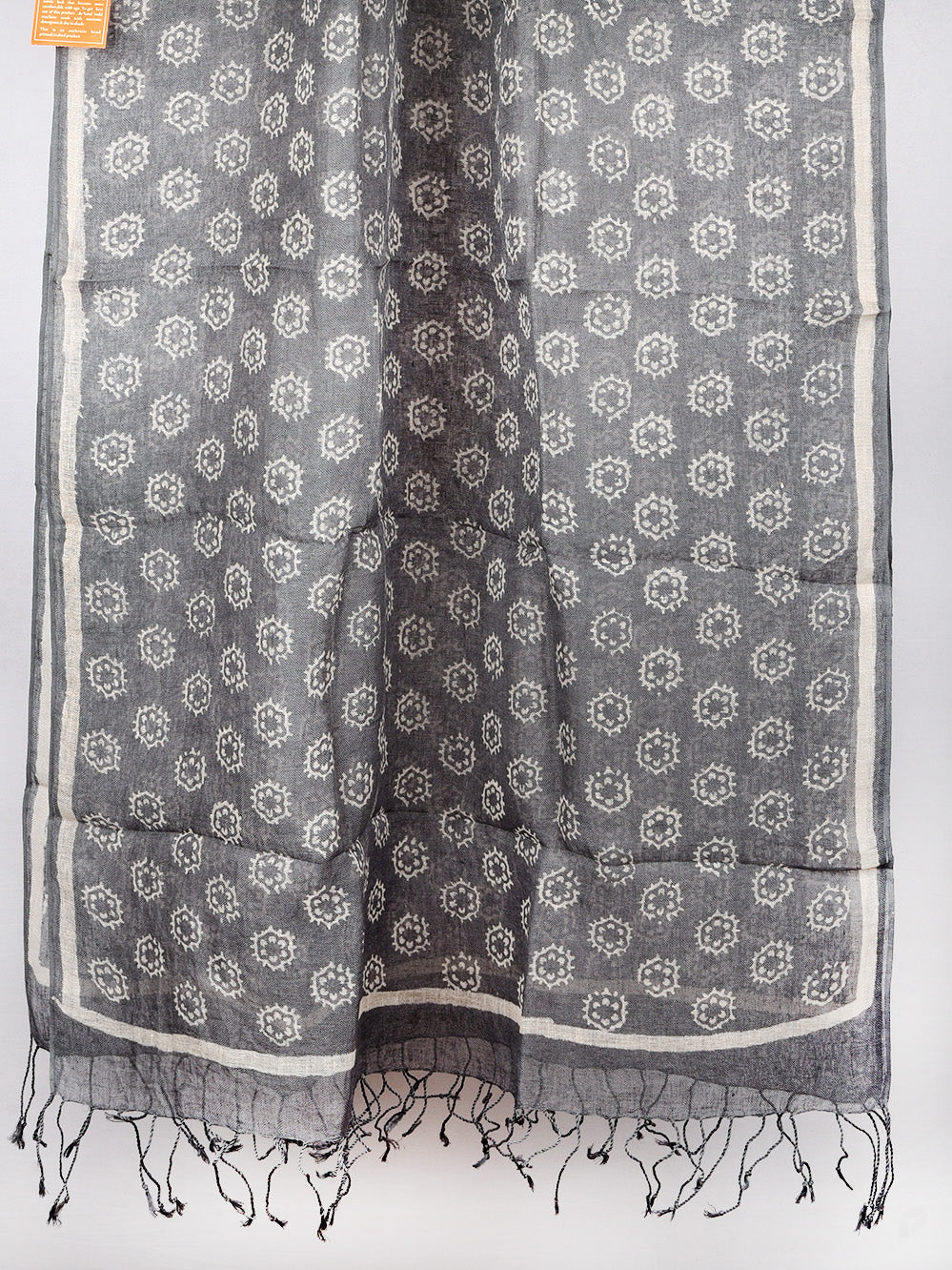 Grey Abstract Flower Hand Printed Pure Linen Dupatta