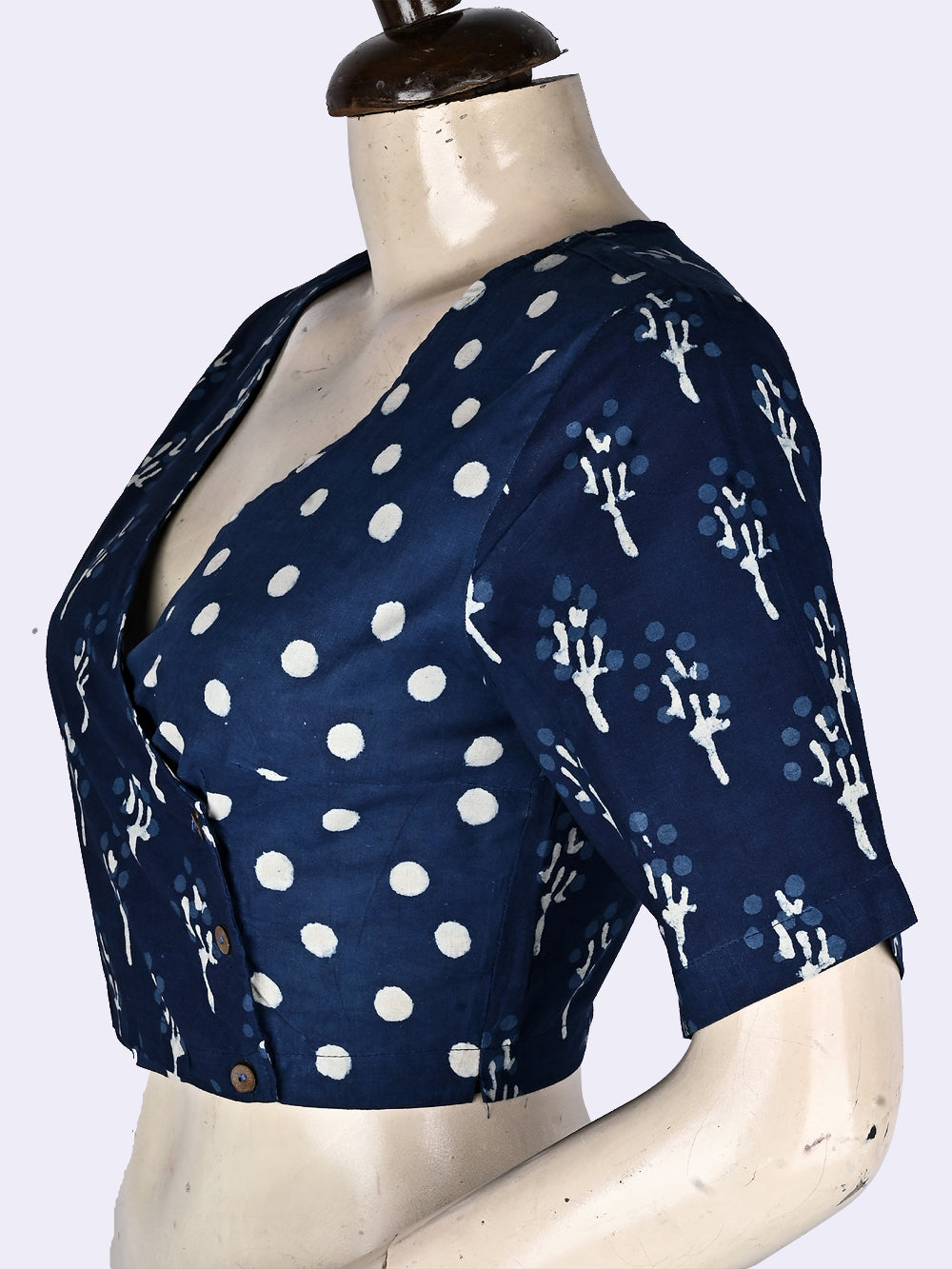 Indigo Polka Angrakha Hand Block Printed Cotton Blouse