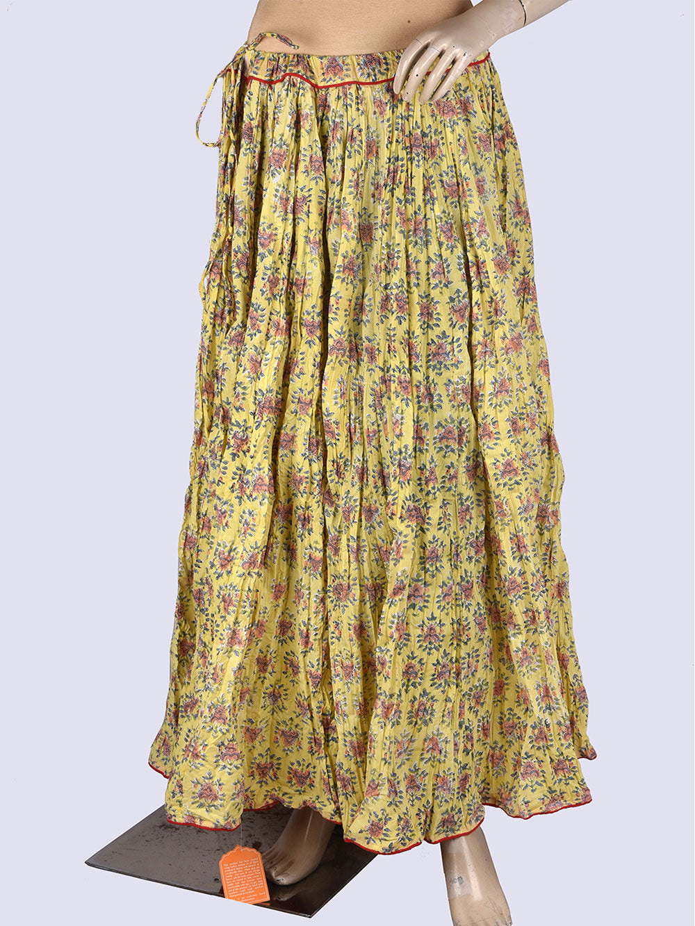 Yellow Bouquet Flower Hand Block Printed Crinkled Cotton Cambric 48 Kali Kalidaar Skirt