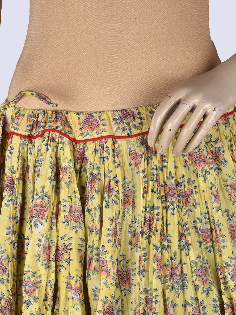 Yellow Bouquet Flower Hand Block Printed Crinkled Cotton Cambric 48 Kali Kalidaar Skirt