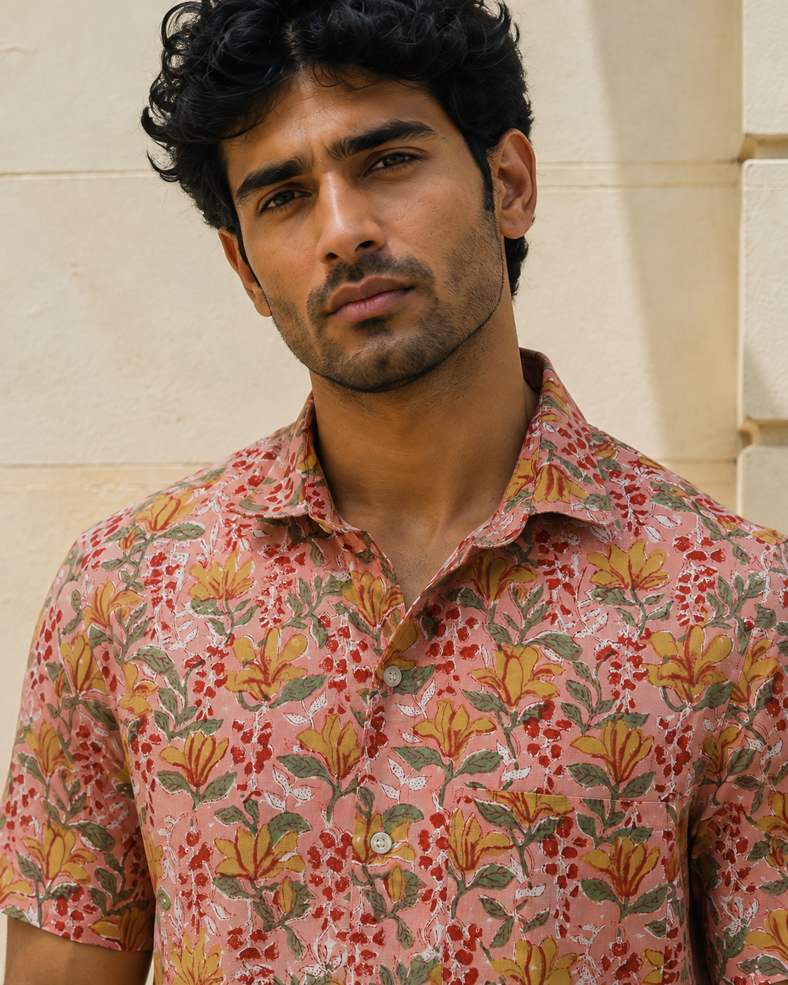 Pink Floral Cotton Mens Half Sleeve Shirts
