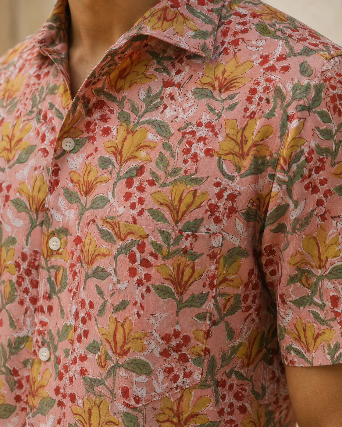 Pink Floral Cotton Mens Half Sleeve Shirts