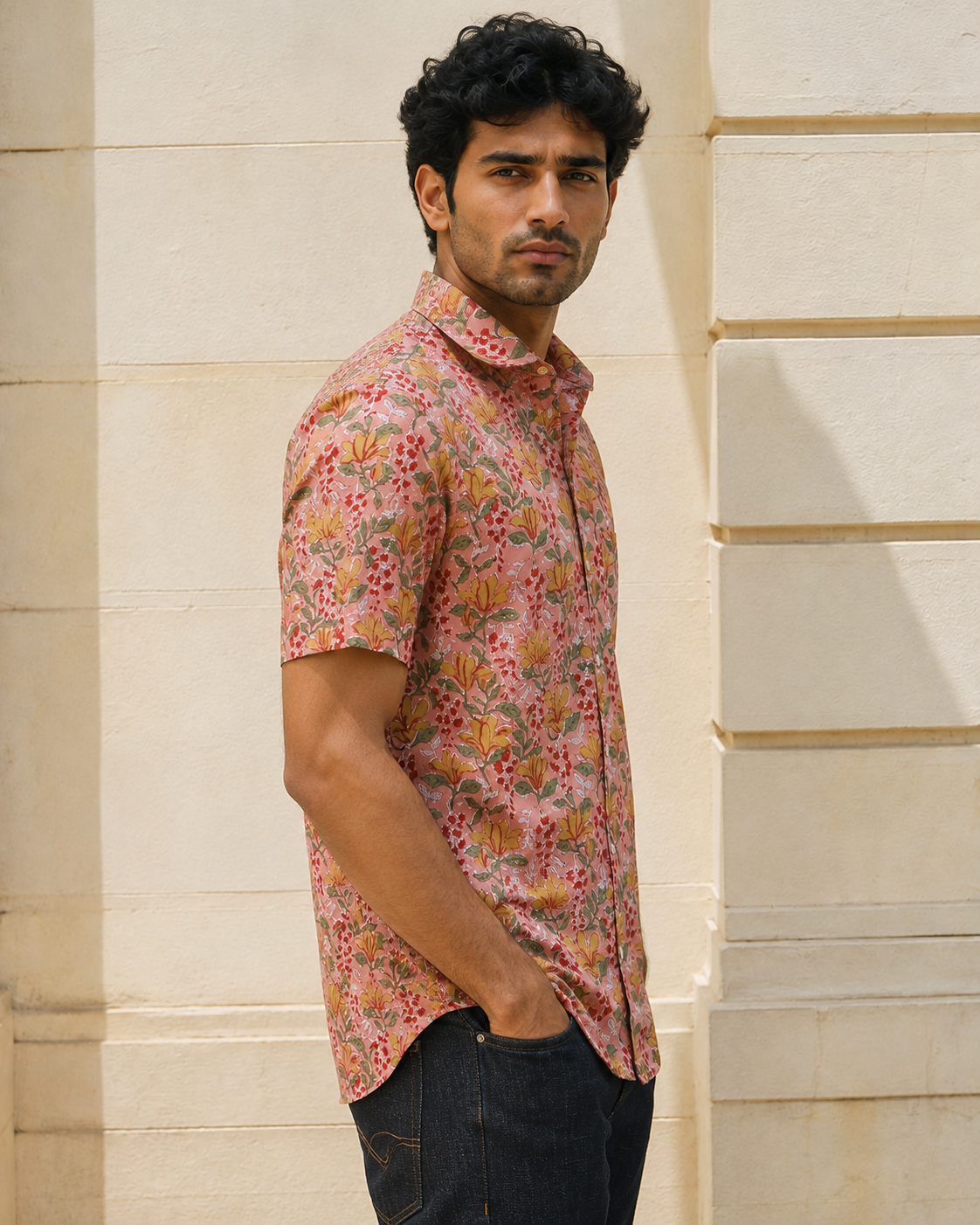 Pink Floral Cotton Mens Half Sleeve Shirts