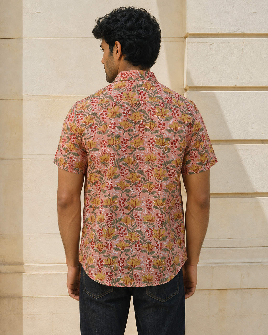 Pink Floral Cotton Mens Half Sleeve Shirts