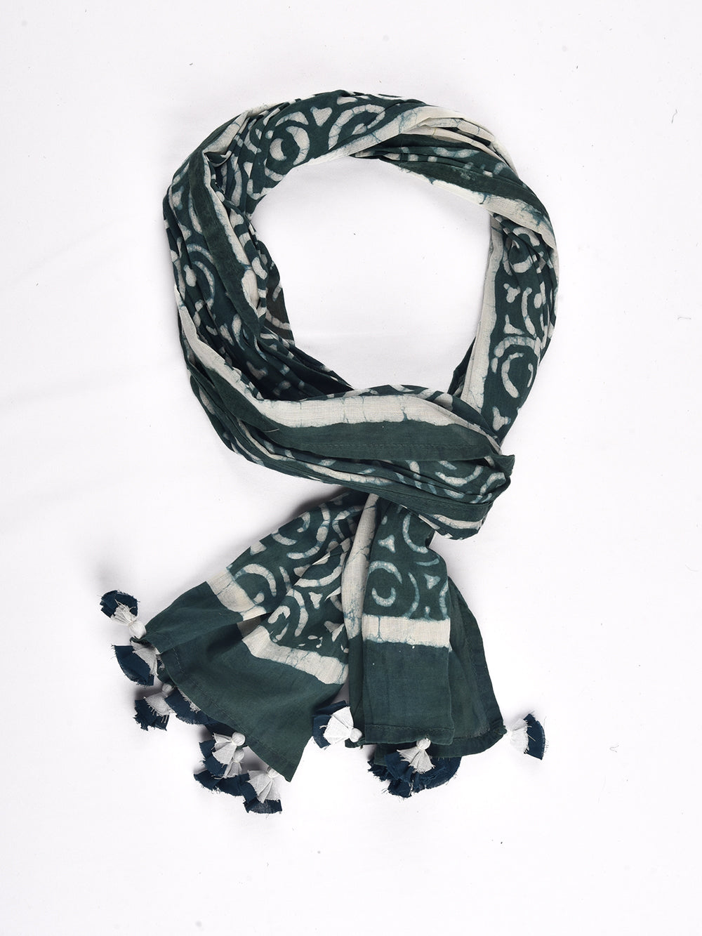 Green Dabu Circular Roses Cotton Voile Block Printed Stole