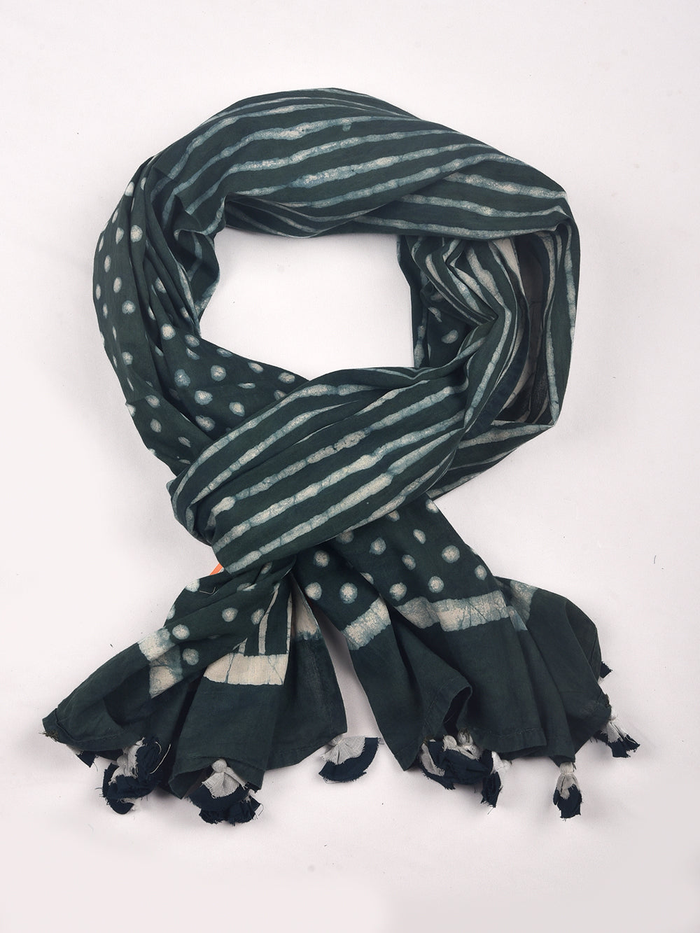 Green Dabu Half n Half Stripes Polka Cotton Voile Block Printed Stole